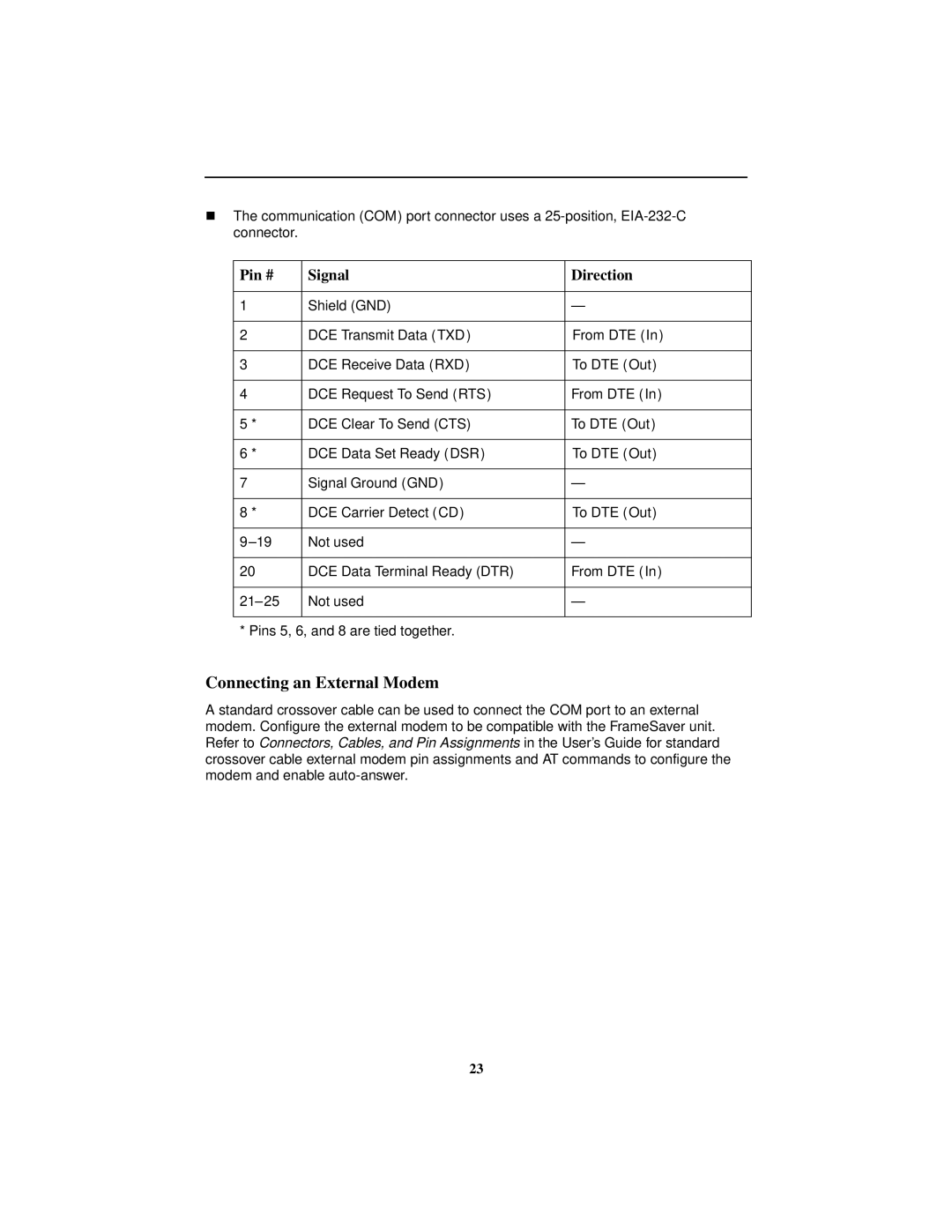 Paradyne 9783 installation instructions Connecting an External Modem, Pin # Signal Direction 