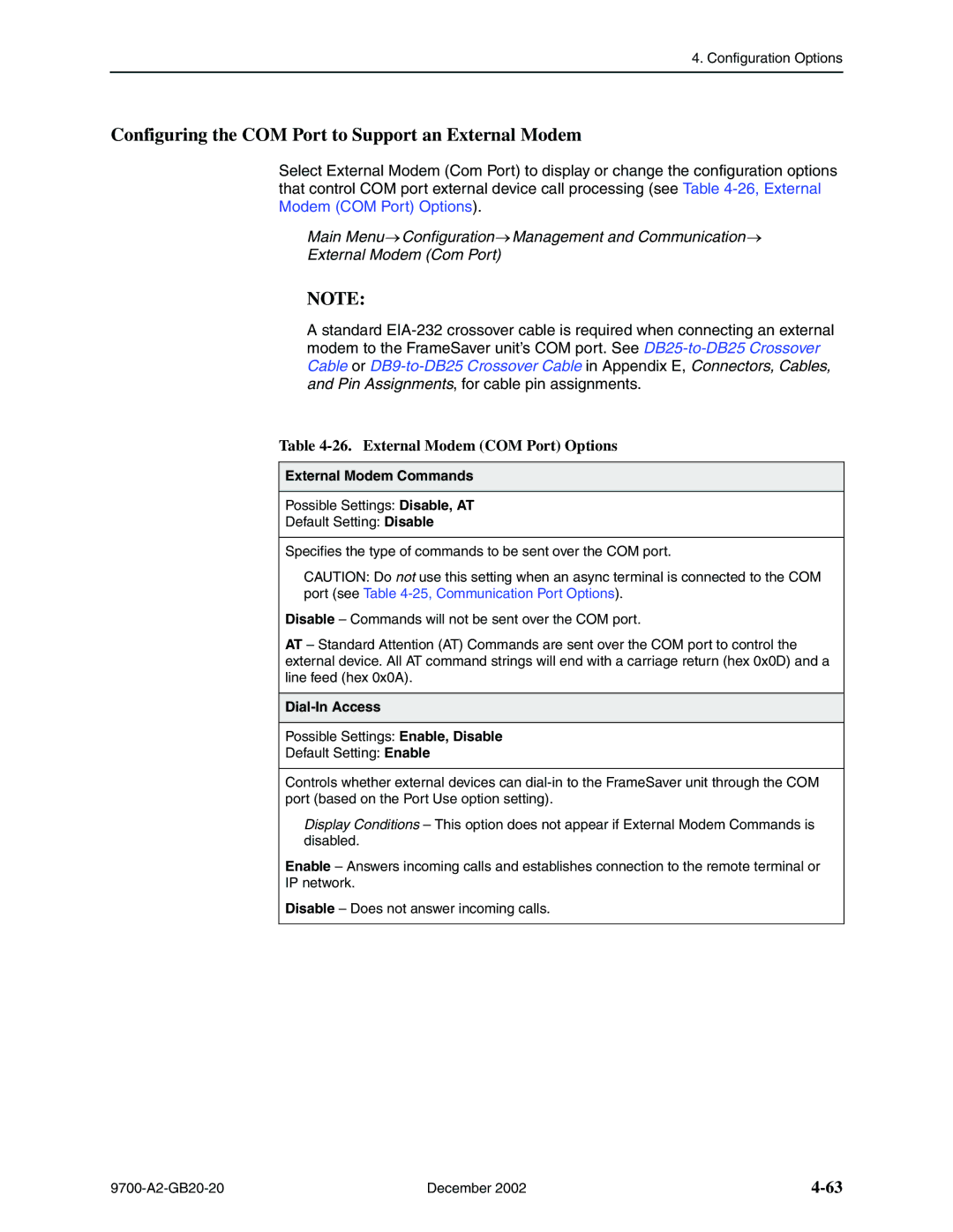 Paradyne 9720 Configuring the COM Port to Support an External Modem, Main Menu Configuration Management and Communication 