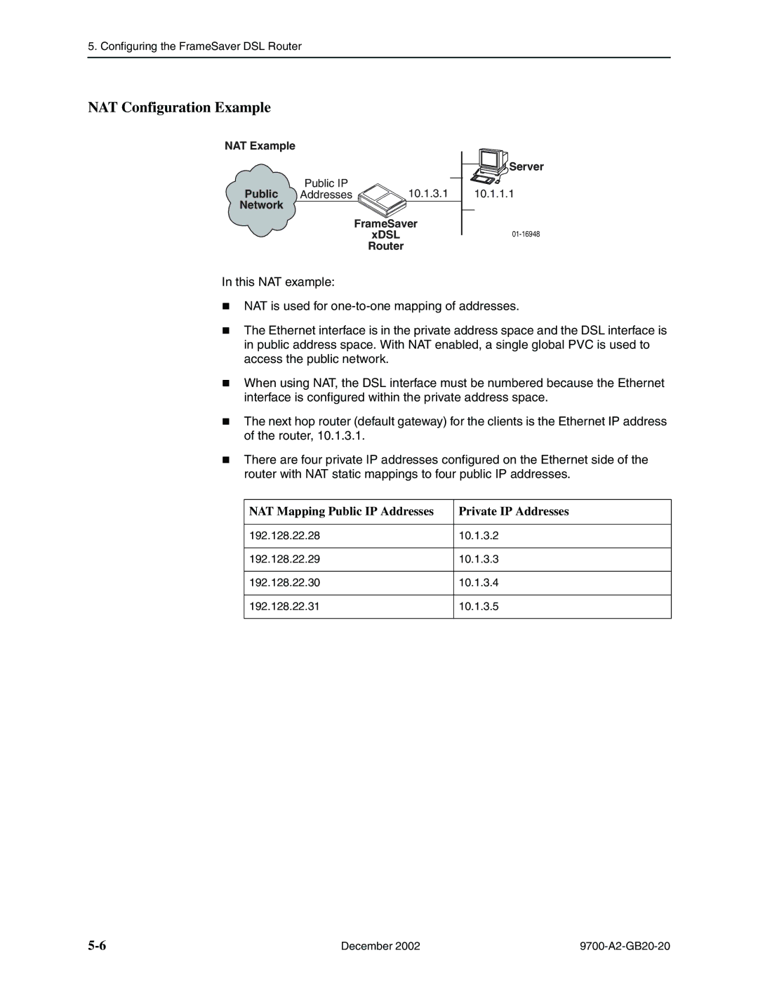 Paradyne 9788, 9720 manual NAT Configuration Example, NAT Mapping Public IP Addresses Private IP Addresses 