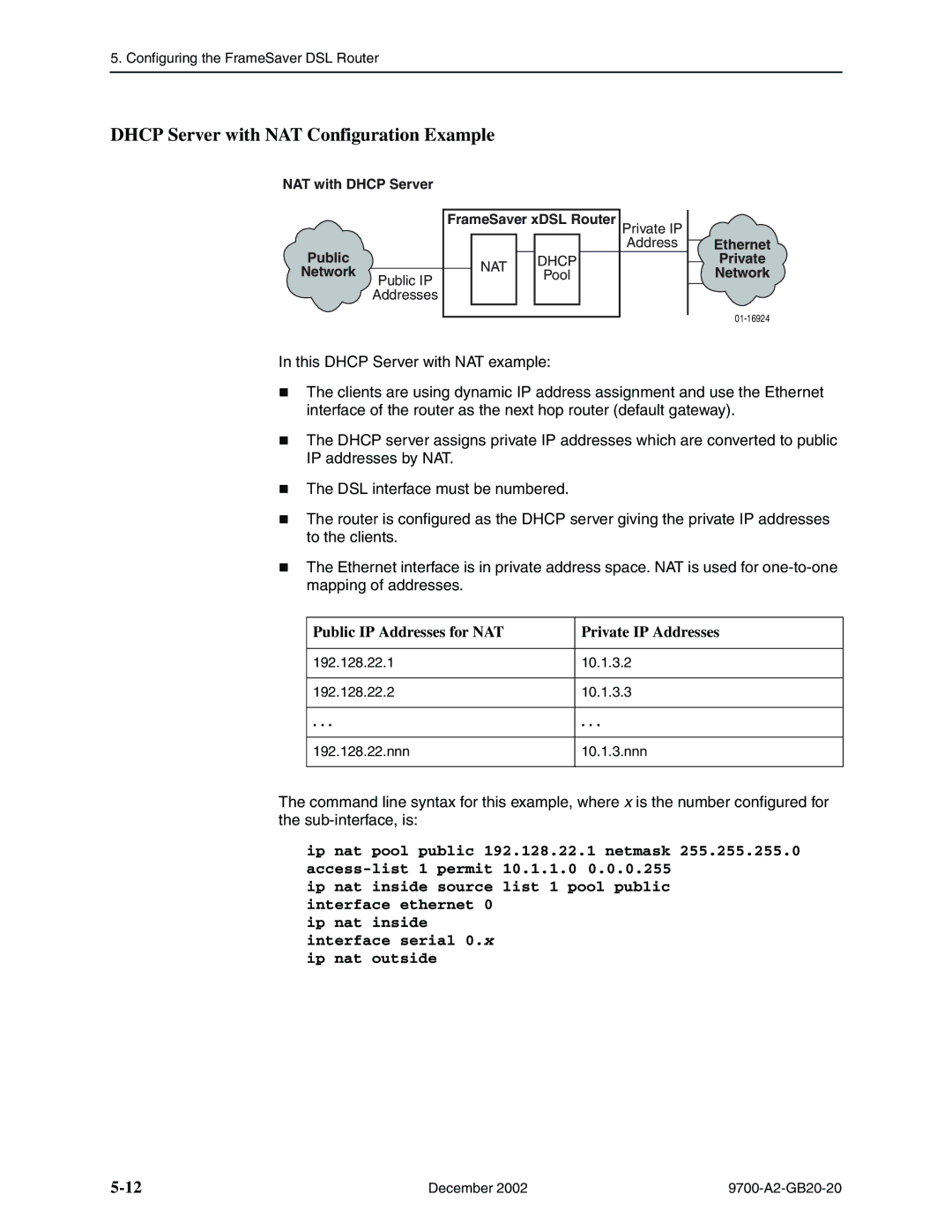 Paradyne 9788, 9720 manual Dhcp Server with NAT Configuration Example, Public IP Addresses for NAT Private IP Addresses, Nat 