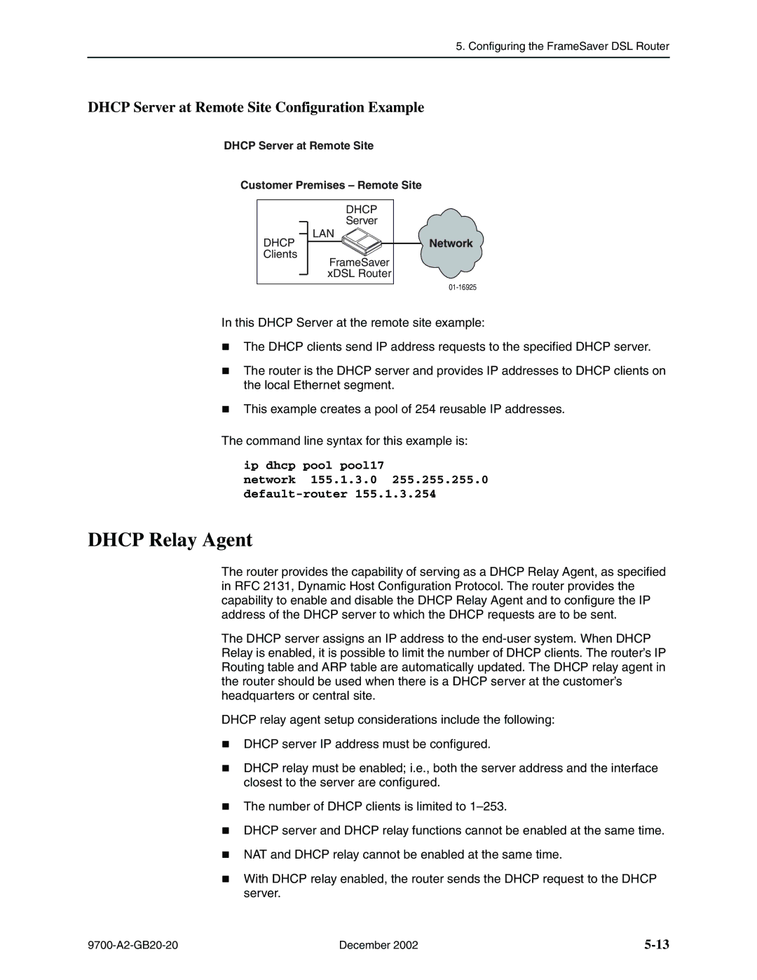 Paradyne 9720, 9788 manual Dhcp Relay Agent, Dhcp Server at Remote Site Configuration Example 