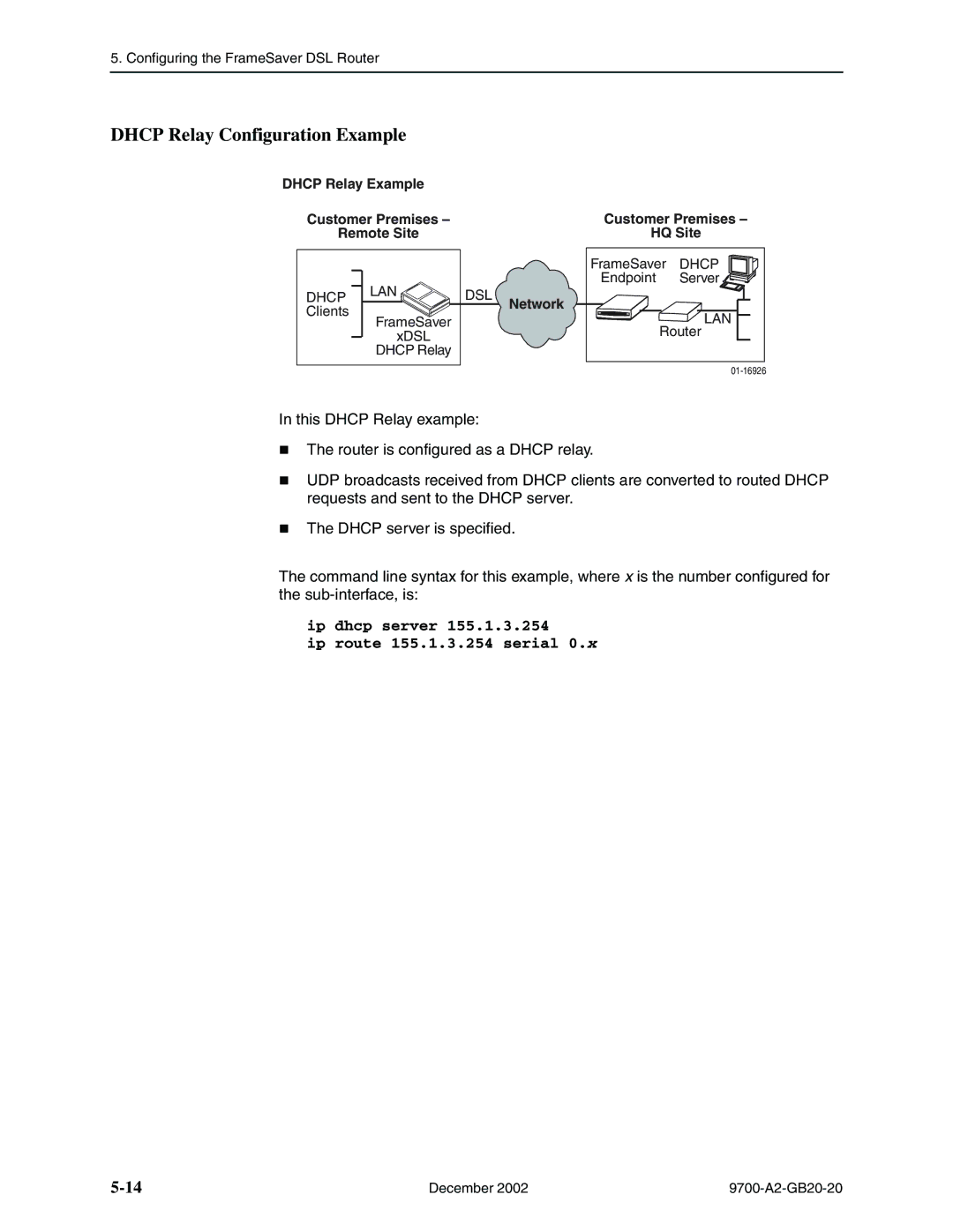 Paradyne 9788, 9720 manual Dhcp Relay Configuration Example, Ip dhcp server Ip route 155.1.3.254 serial, Dhcp LAN, Dsl 