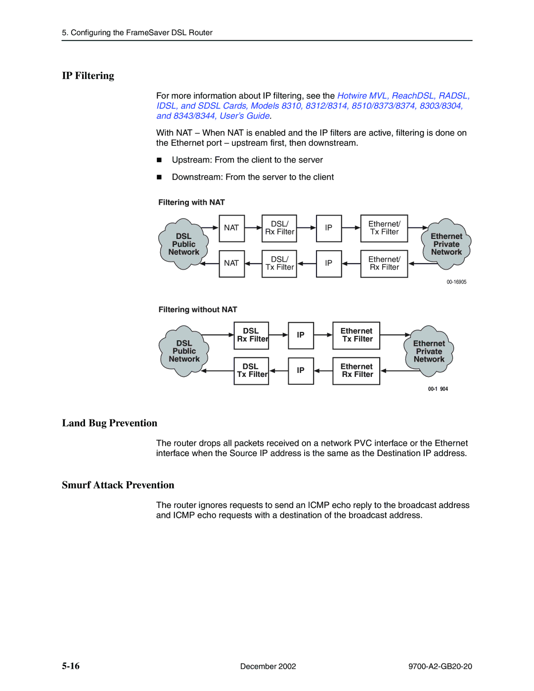 Paradyne 9788, 9720 manual IP Filtering, Land Bug Prevention, Smurf Attack Prevention, Nat Dsl 