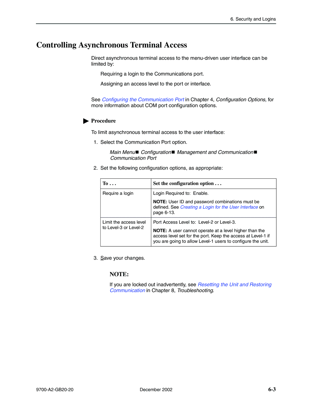 Paradyne 9720, 9788 manual Controlling Asynchronous Terminal Access, Set the configuration option 