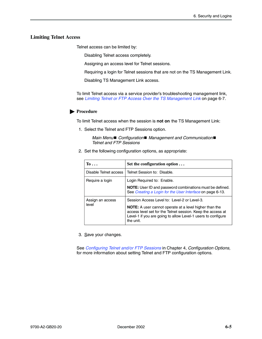 Paradyne 9720, 9788 manual Limiting Telnet Access, See Creating a Login for the User Interface on 