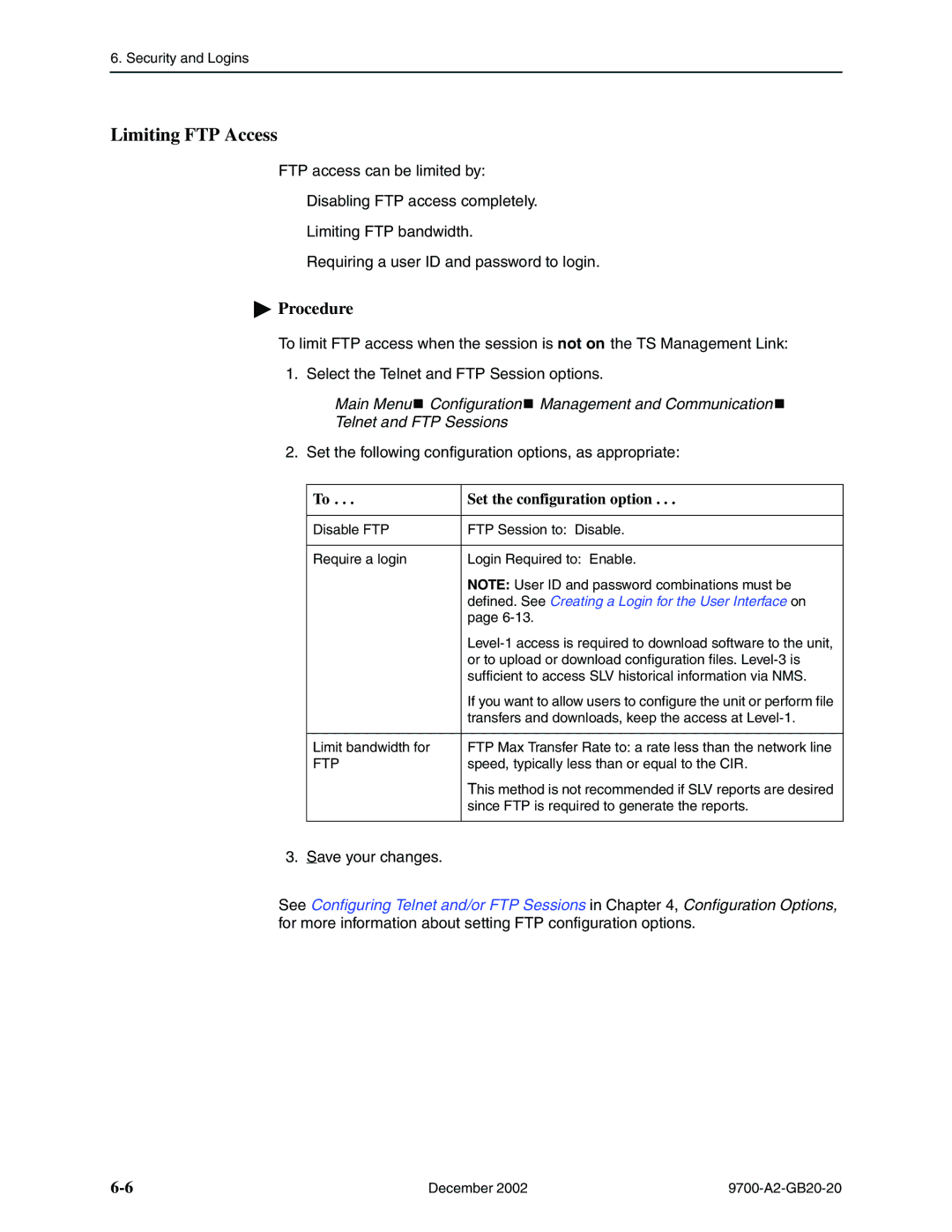 Paradyne 9788, 9720 manual Limiting FTP Access, Ftp 