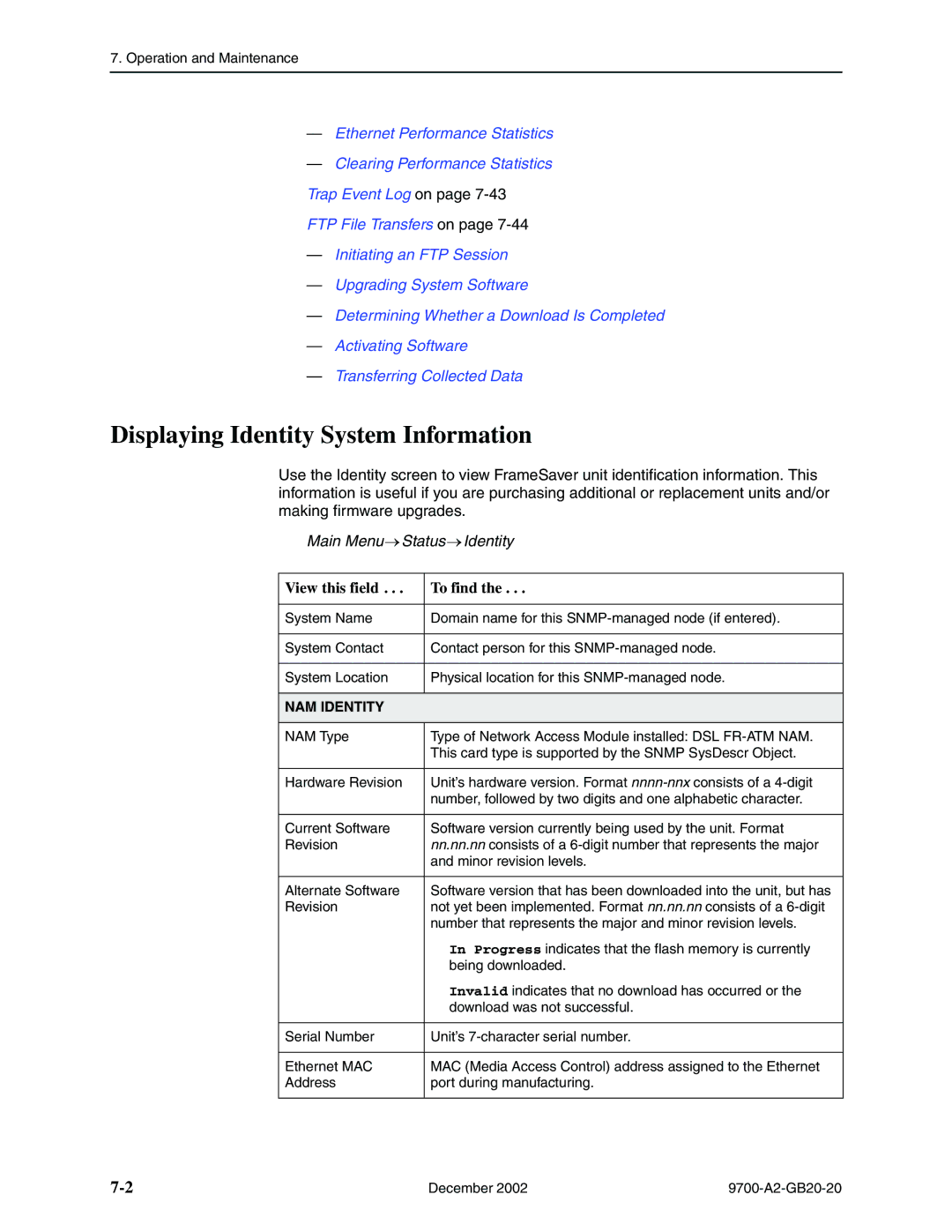 Paradyne 9788, 9720 manual Displaying Identity System Information, Main Menu Status Identity, View this field To find 