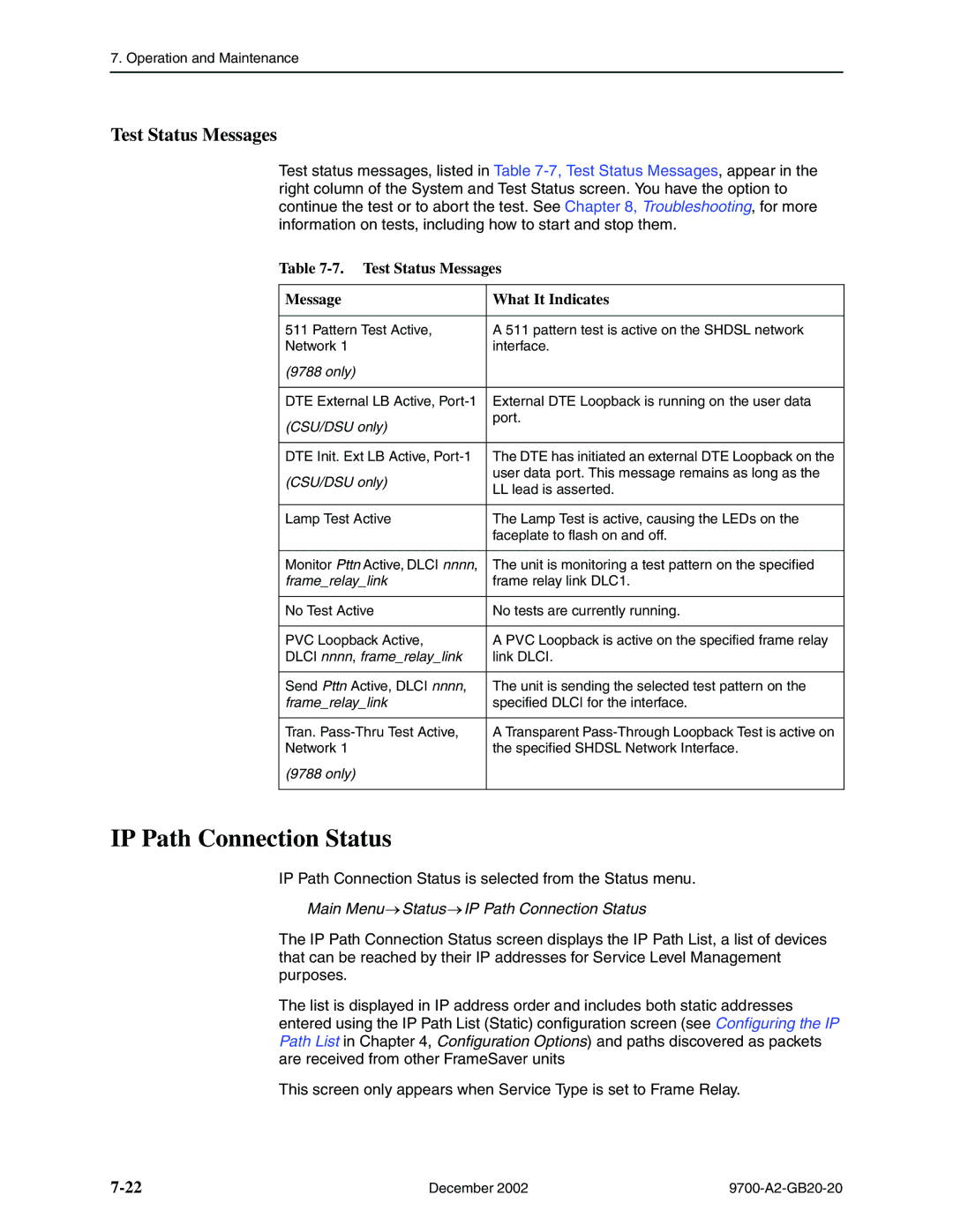 Paradyne 9788, 9720 manual IP Path Connection Status, Test Status Messages What It Indicates 