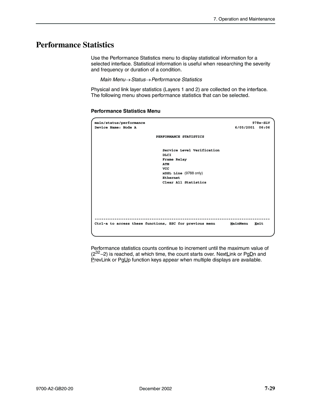 Paradyne 9720, 9788 manual Main Menu Status Performance Statistics, Performance Statistics Menu 