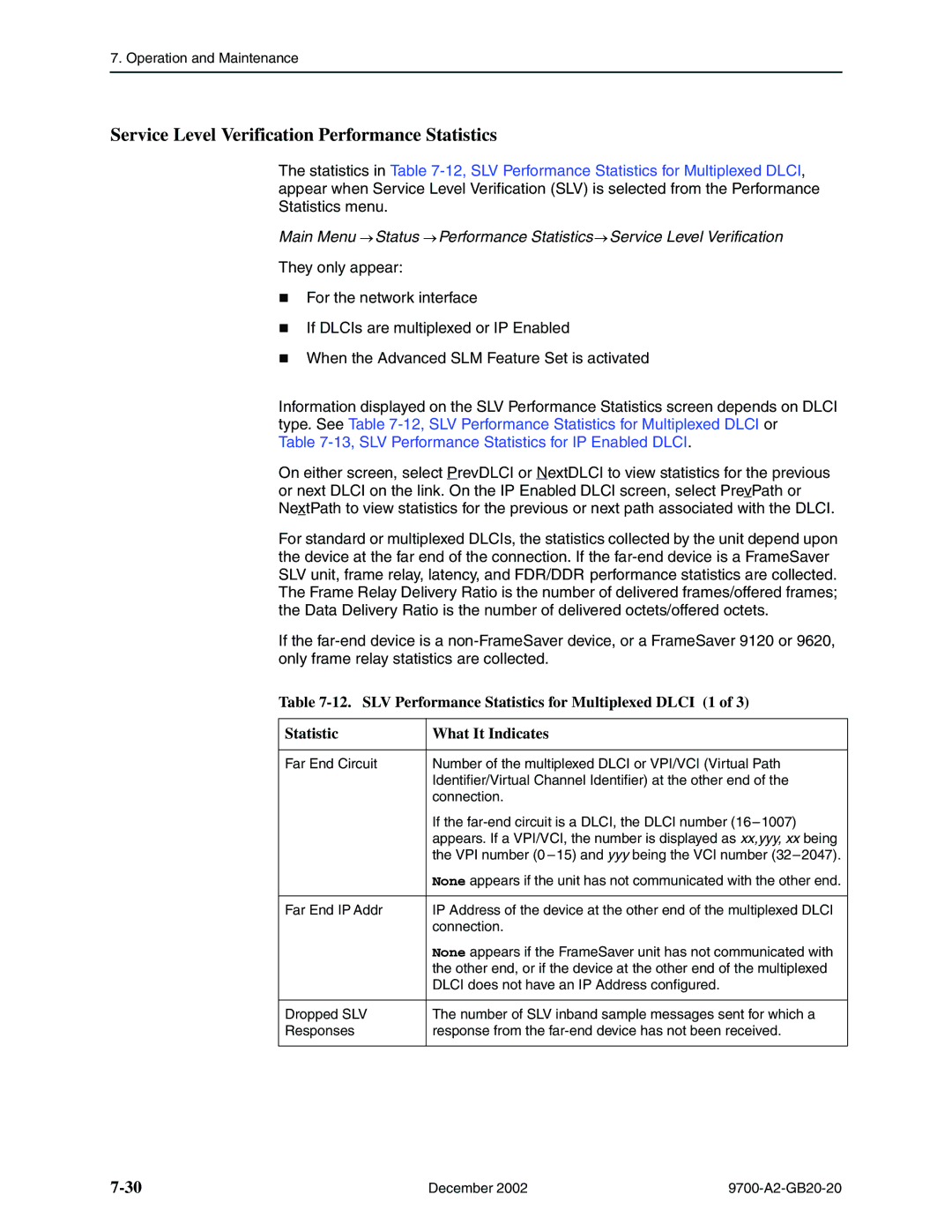 Paradyne 9788, 9720 Service Level Verification Performance Statistics, 13, SLV Performance Statistics for IP Enabled Dlci 