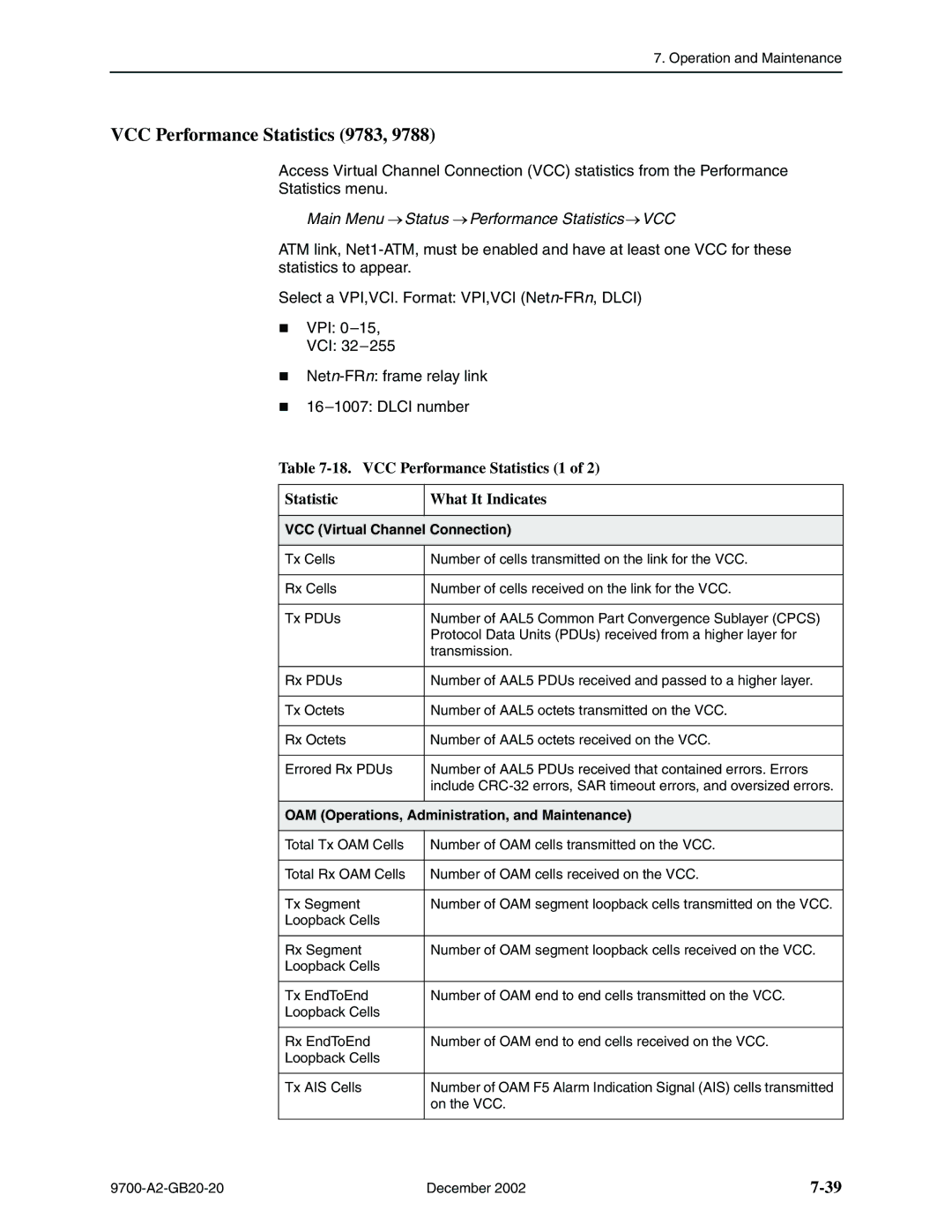 Paradyne 9720 VCC Performance Statistics 9783, Main Menu Status Performance Statistics VCC, VCC Virtual Channel Connection 