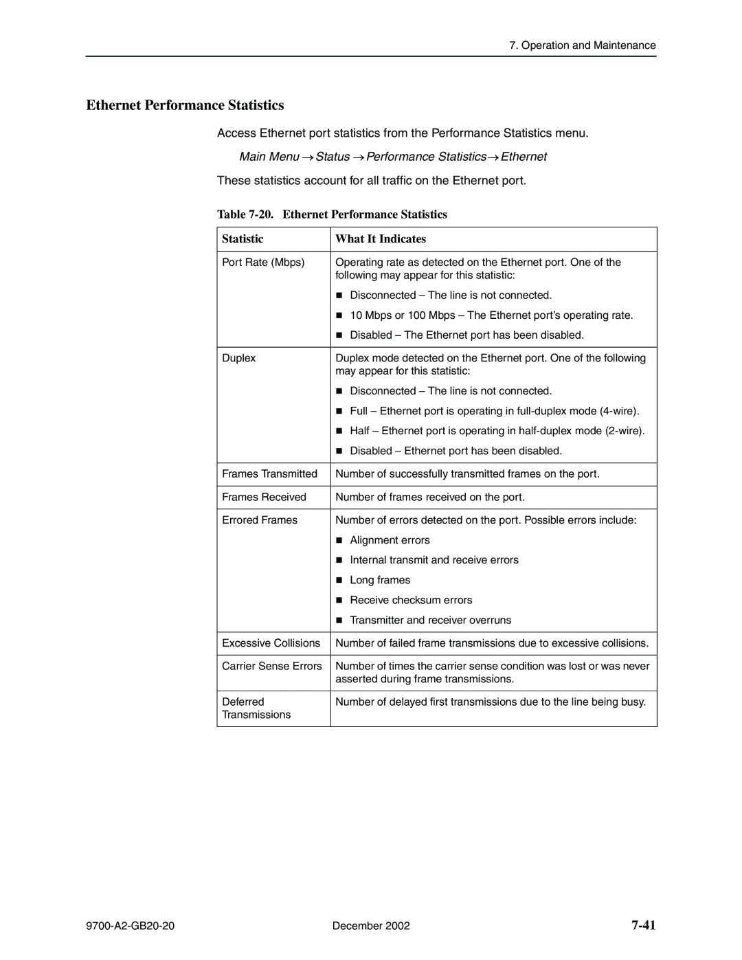 Paradyne 9720, 9788 manual Ethernet Performance Statistics, Main Menu Status Performance Statistics Ethernet 