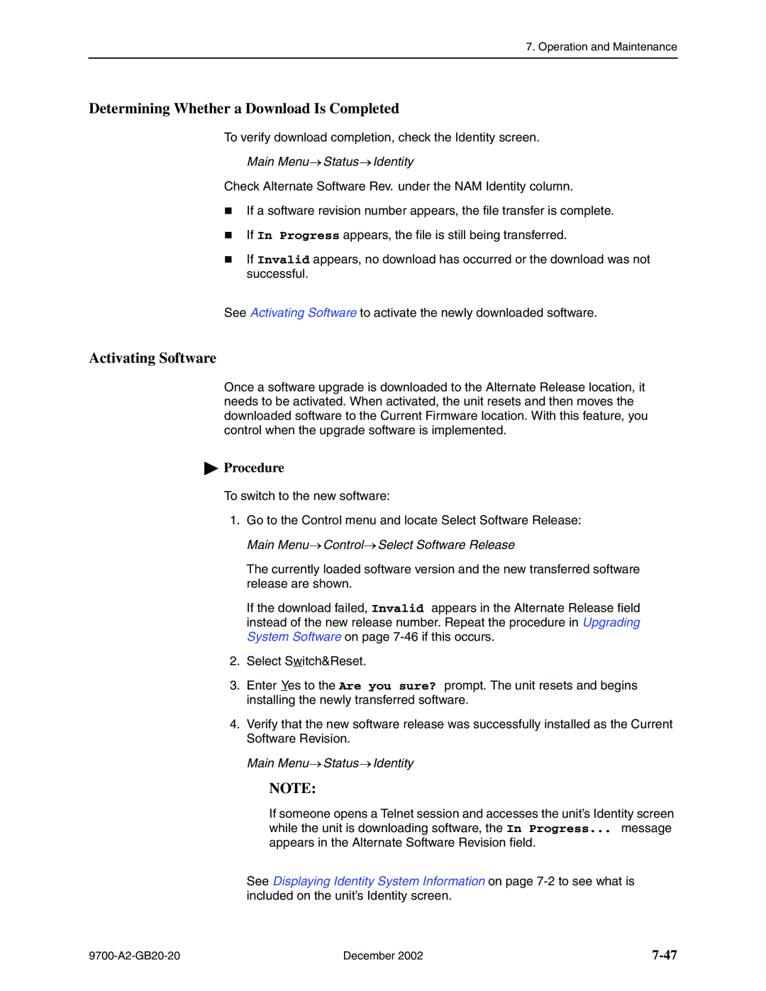 Paradyne 9720 Determining Whether a Download Is Completed, Activating Software, Main Menu Control Select Software Release 