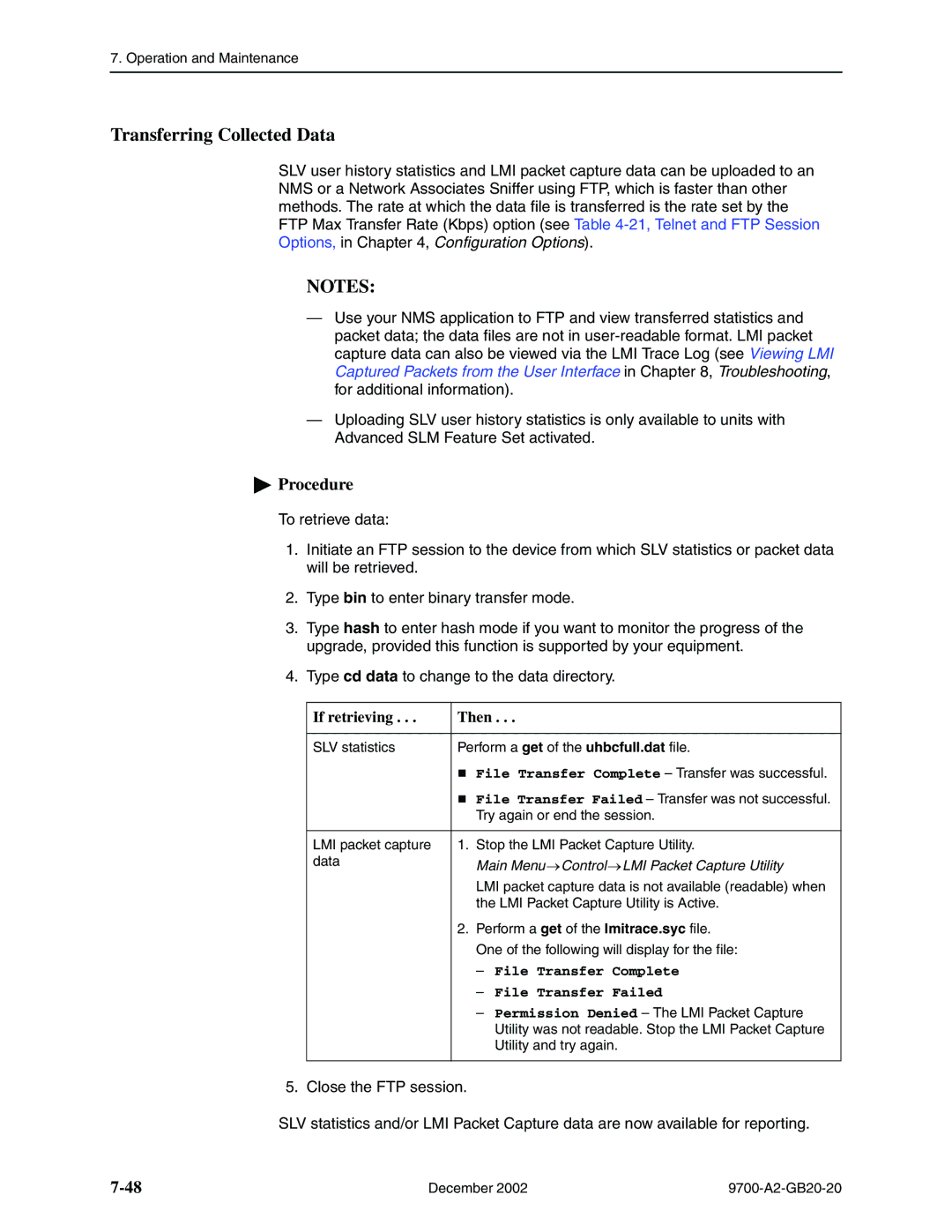 Paradyne 9788, 9720 manual Transferring Collected Data, If retrieving Then, Main Menu Control LMI Packet Capture Utility 