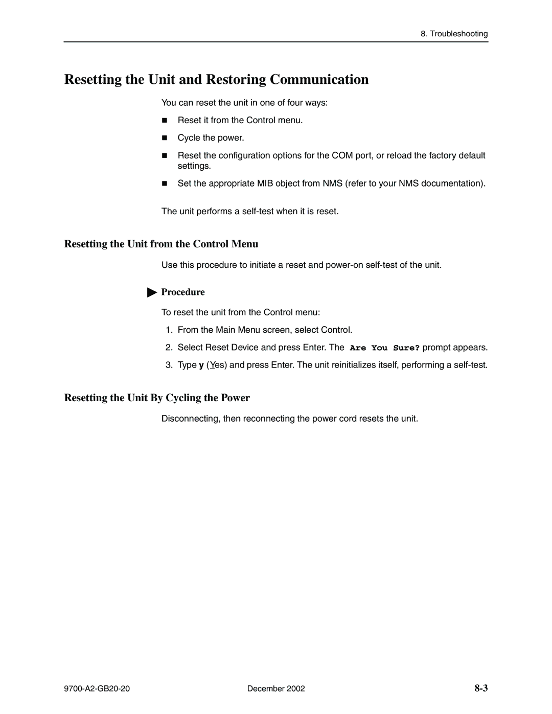 Paradyne 9720, 9788 manual Resetting the Unit and Restoring Communication, Resetting the Unit from the Control Menu 