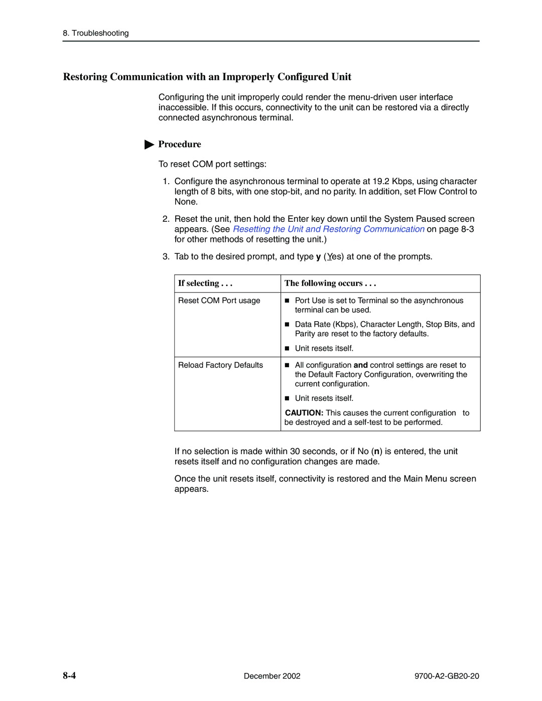 Paradyne 9788, 9720 manual Restoring Communication with an Improperly Configured Unit, If selecting Following occurs 