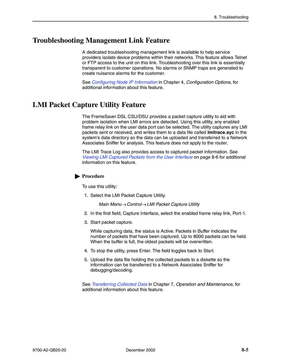 Paradyne 9720, 9788 manual Troubleshooting Management Link Feature, LMI Packet Capture Utility Feature 