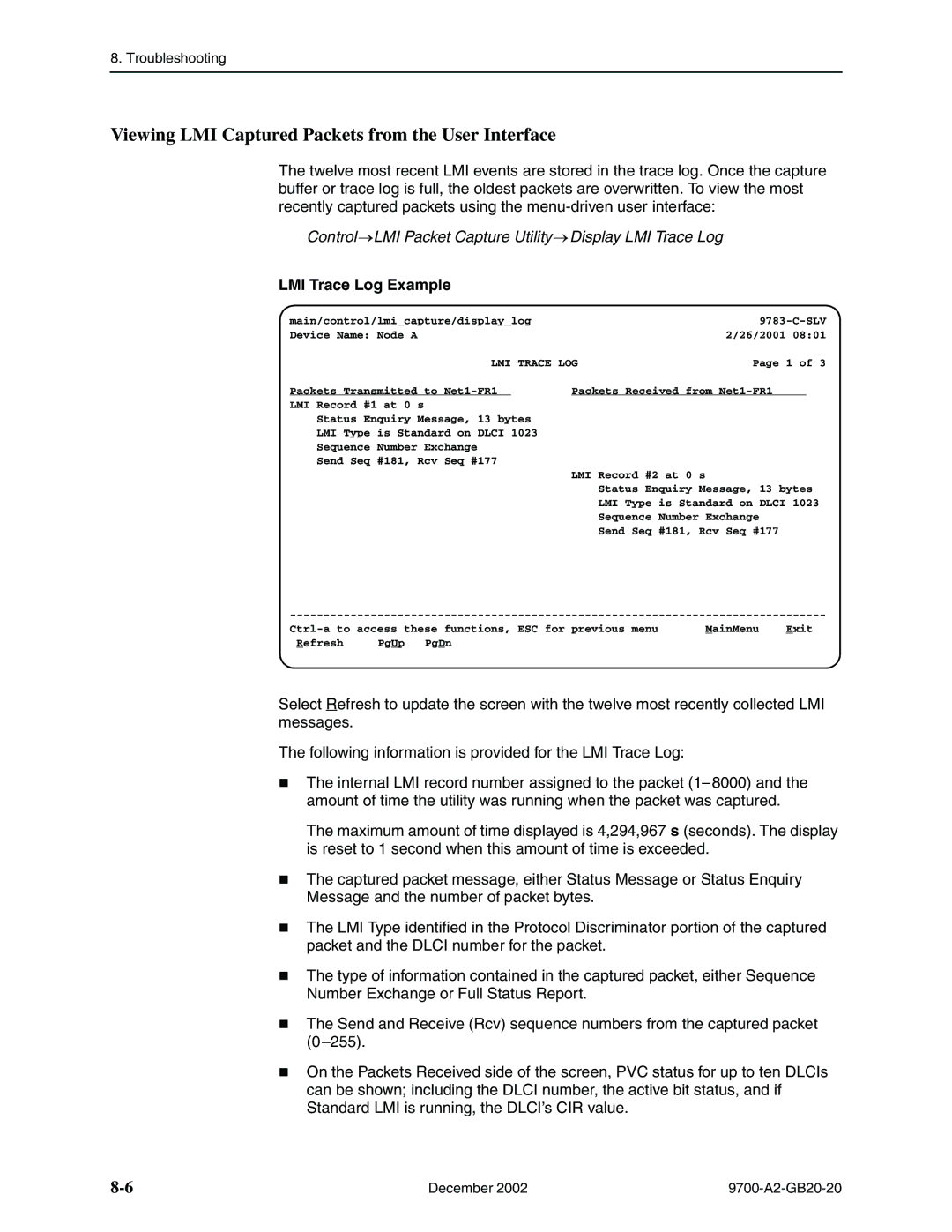 Paradyne 9788, 9720 manual Viewing LMI Captured Packets from the User Interface, LMI Trace Log Example 