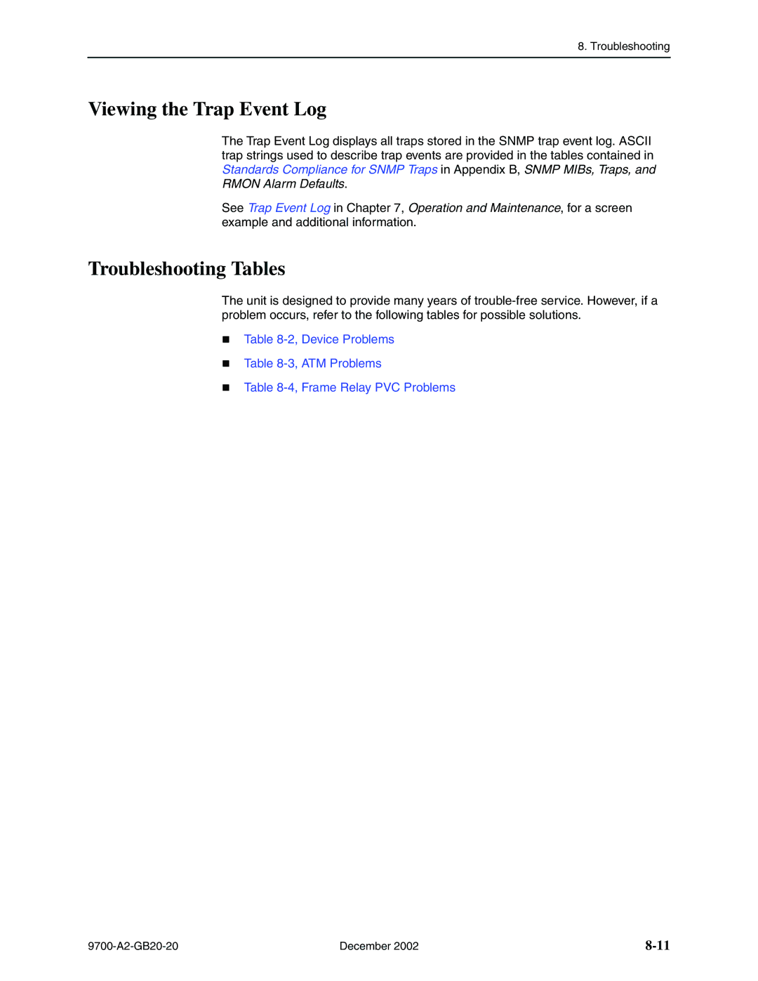 Paradyne 9720, 9788 manual Viewing the Trap Event Log, Troubleshooting Tables 