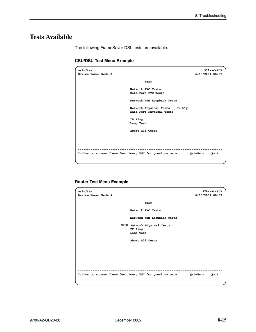 Paradyne 9720, 9788 manual Tests Available, CSU/DSU Test Menu Example, Router Test Menu Example 