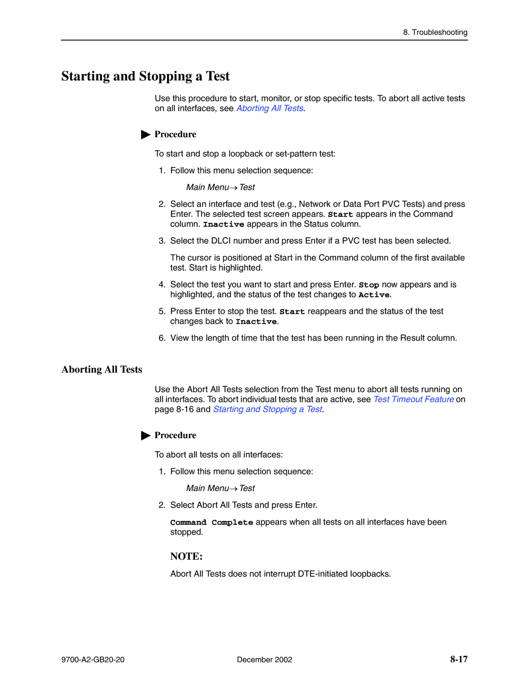 Paradyne 9720, 9788 manual Starting and Stopping a Test, Aborting All Tests 