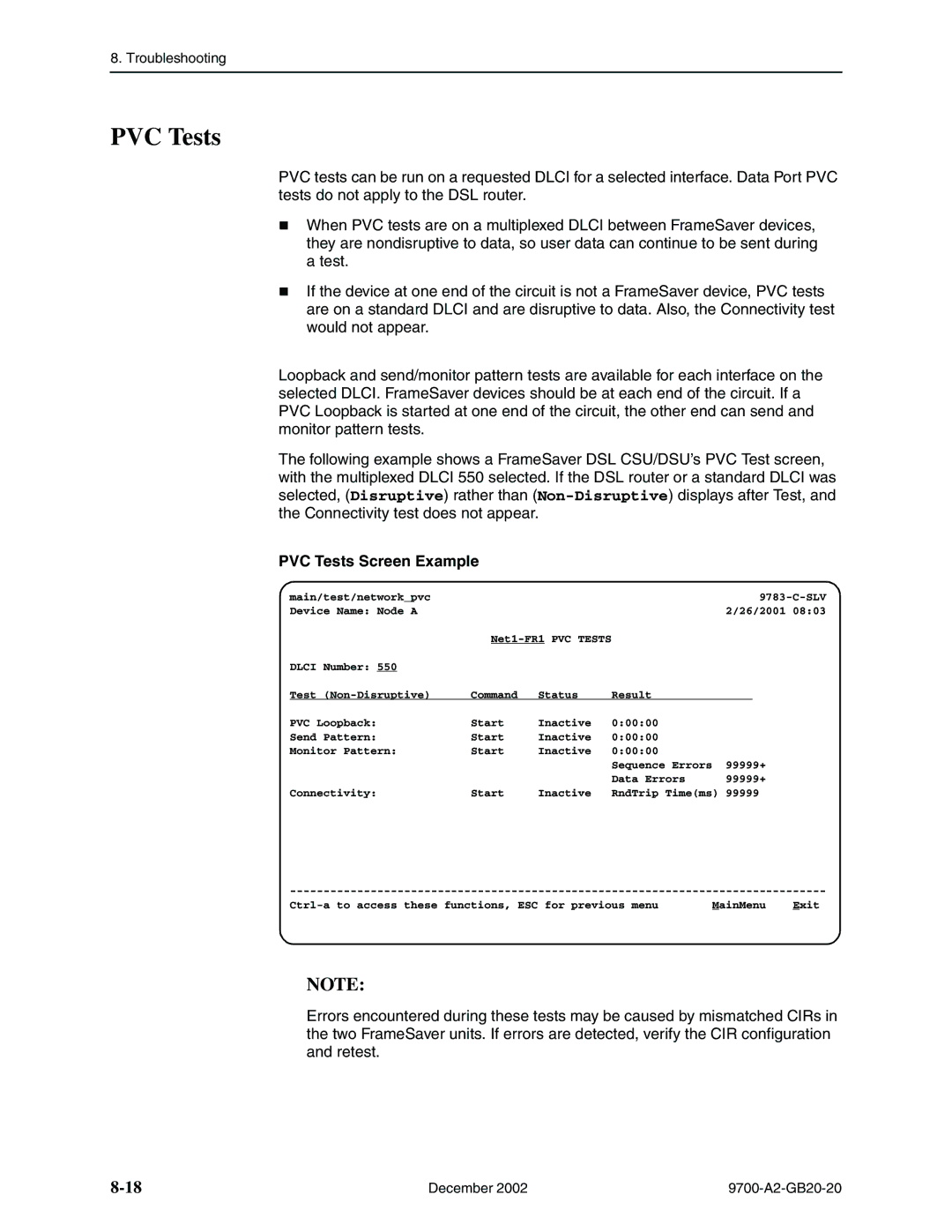 Paradyne 9788, 9720 manual PVC Tests Screen Example 