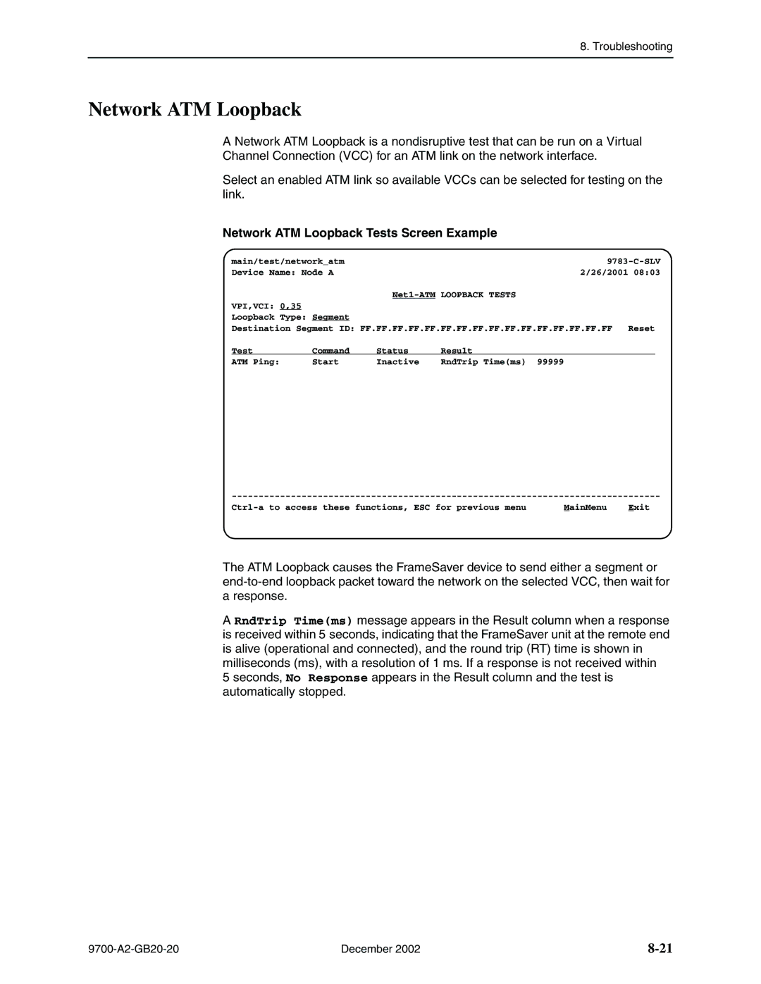 Paradyne 9720, 9788 manual Network ATM Loopback Tests Screen Example 