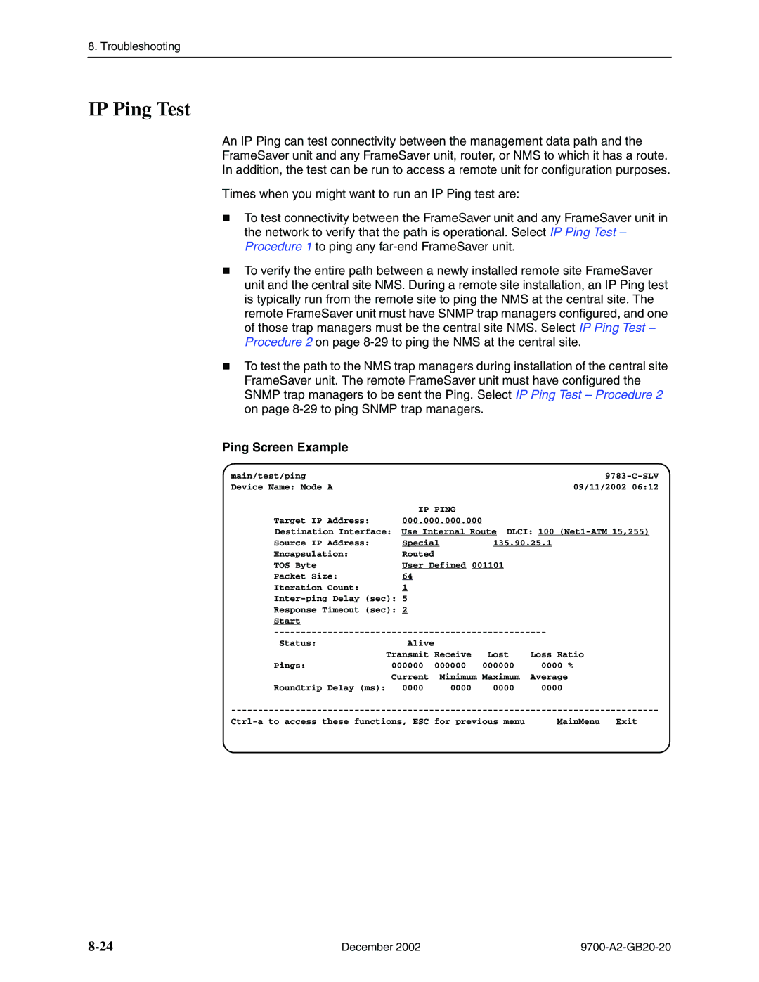 Paradyne 9788, 9720 manual IP Ping Test, On page 8-29 to ping Snmp trap managers Ping Screen Example 