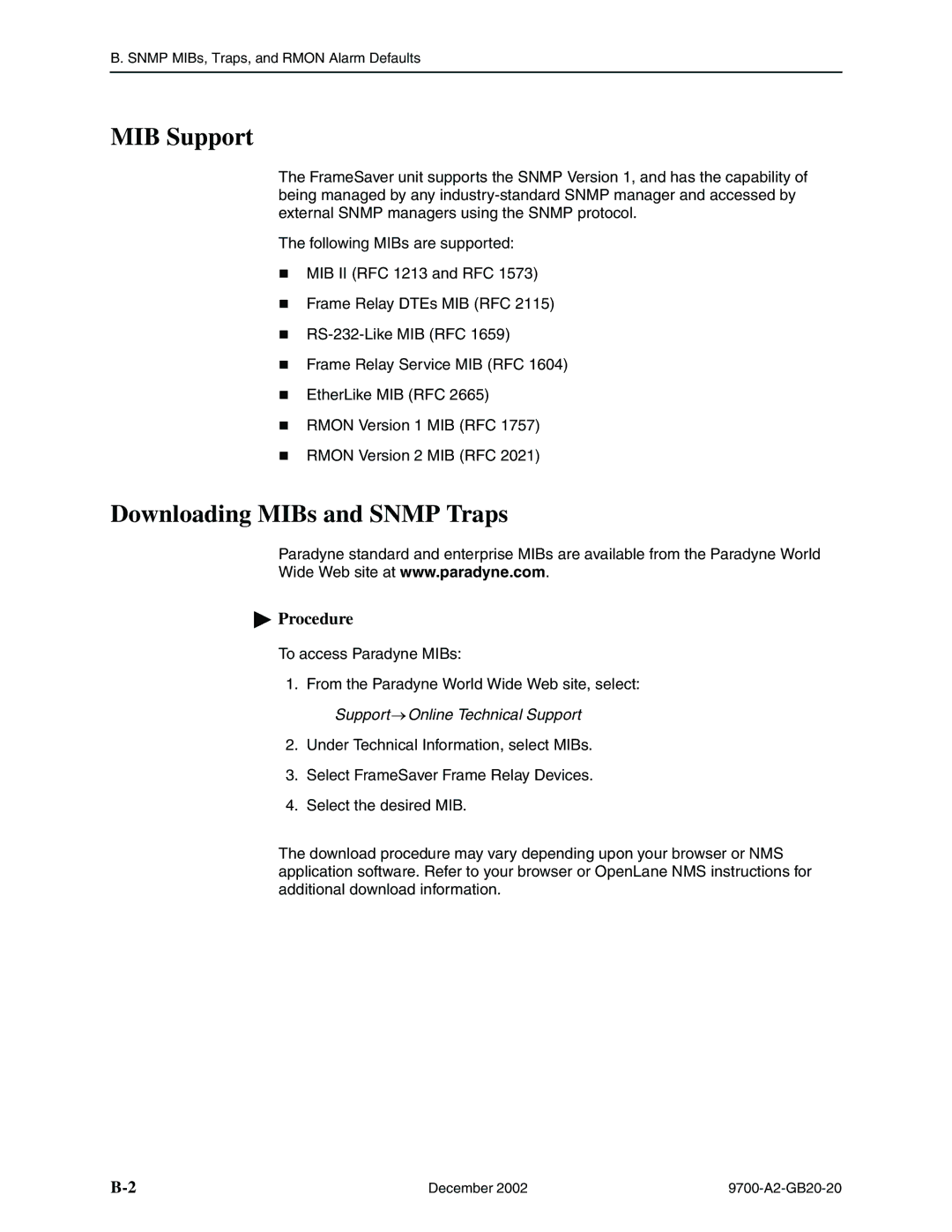 Paradyne 9788, 9720 manual MIB Support, Downloading MIBs and Snmp Traps, Support Online Technical Support 