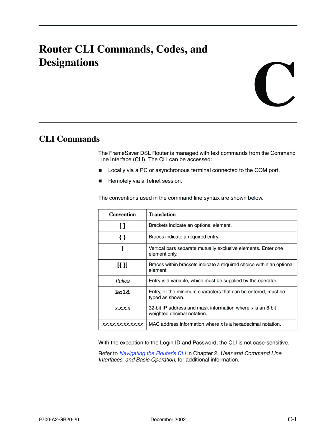 Paradyne 9720, 9788 manual Router CLI Commands, Codes, Designations, Convention Translation, Italics 