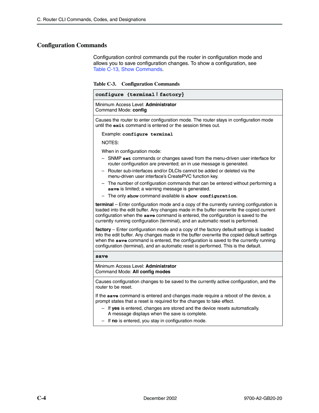 Paradyne 9788, 9720 manual Table C-3. Configuration Commands, Configure terminal factory, Save 