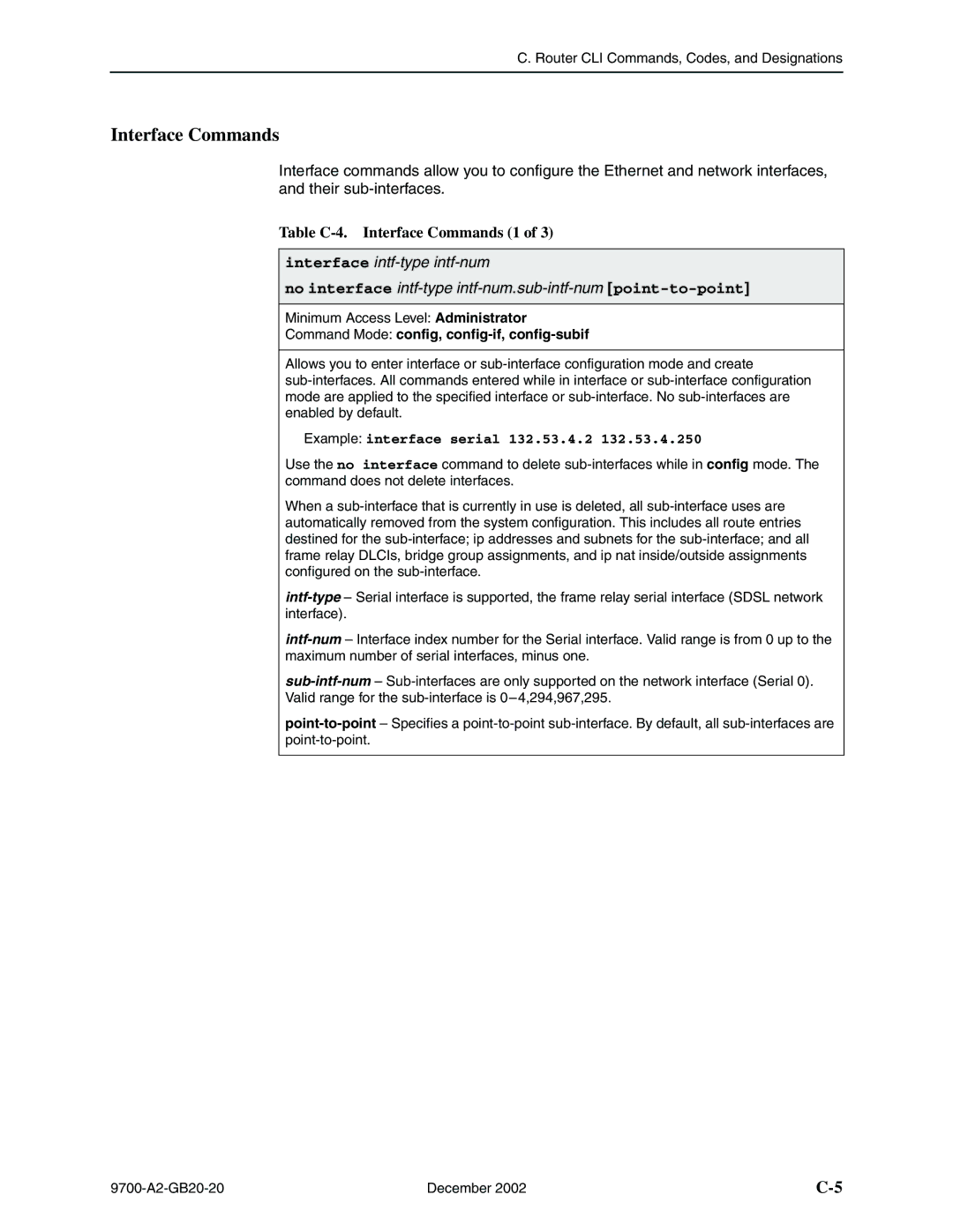 Paradyne 9720, 9788 manual Table C-4. Interface Commands 1, Command Mode config, config-if, config-subif 