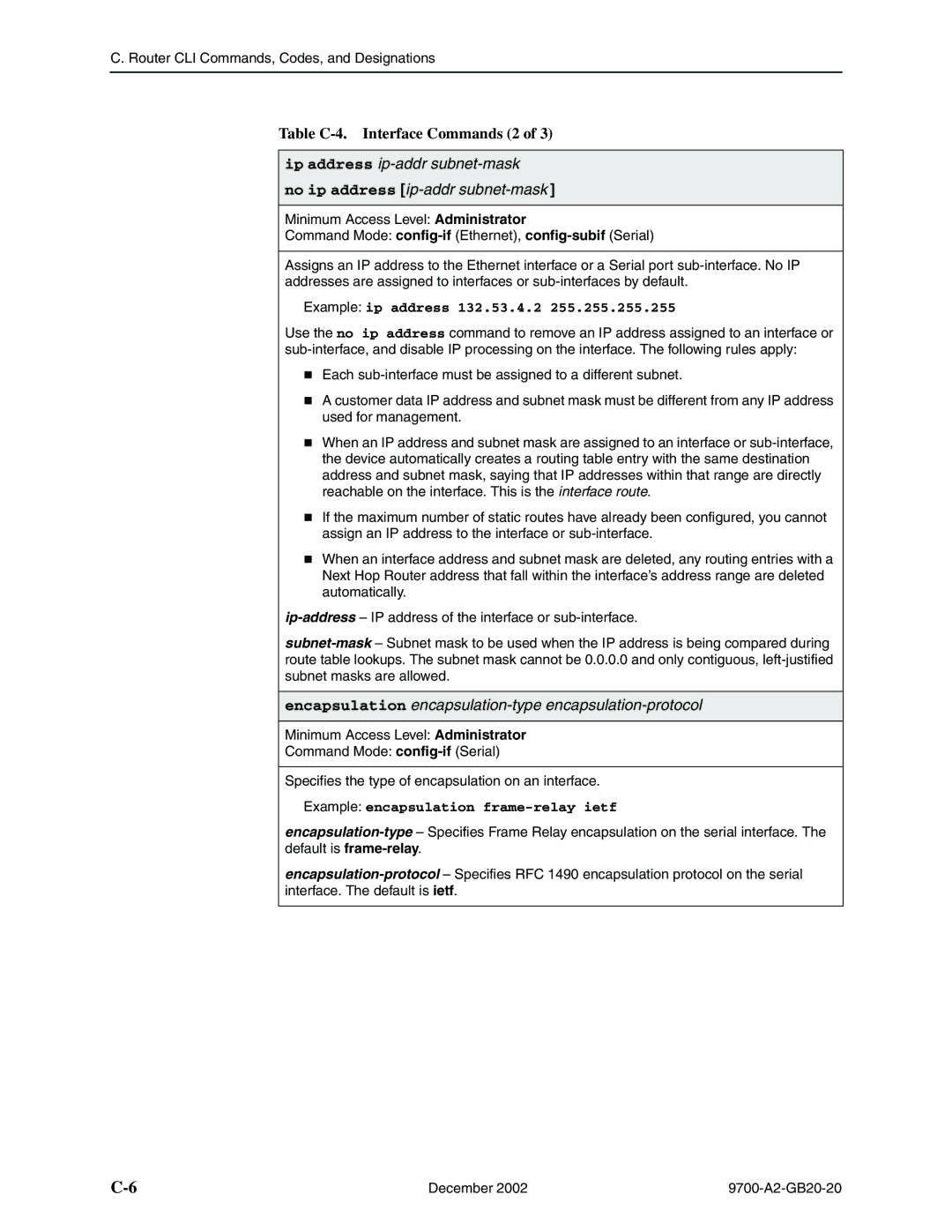 Paradyne 9788, 9720 manual Table C-4. Interface Commands 2, Encapsulation encapsulation-type encapsulation-protocol 