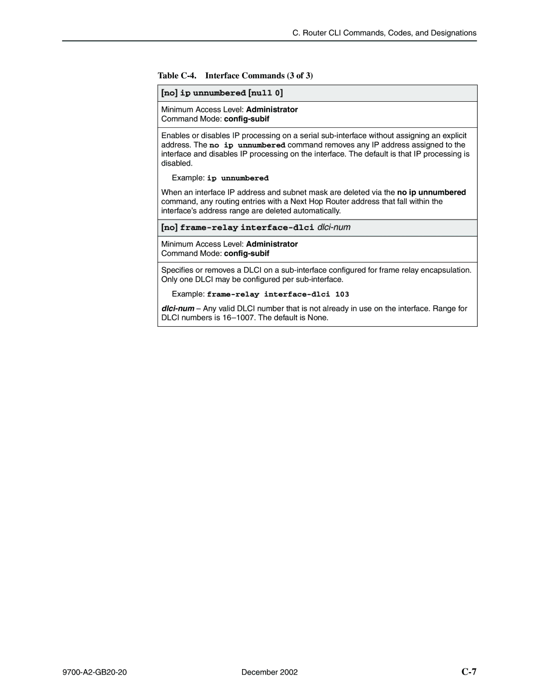 Paradyne 9720, 9788 manual Table C-4. Interface Commands 3, No ip unnumbered null, No frame-relay interface-dlci dlci-num 