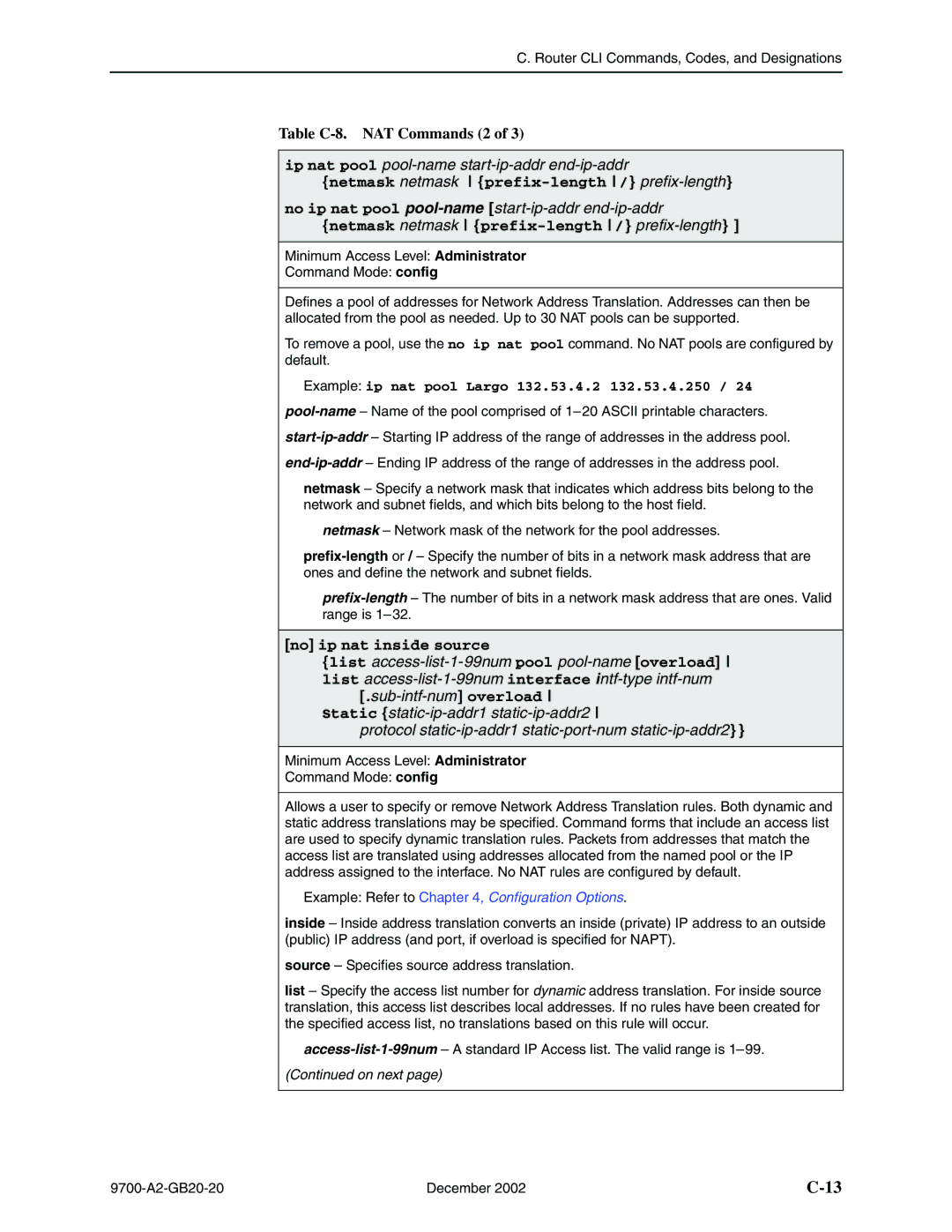 Paradyne 9720, 9788 Table C-8. NAT Commands 2, Ip nat pool pool-name start-ip-addr end-ip-addr, No ip nat inside source 