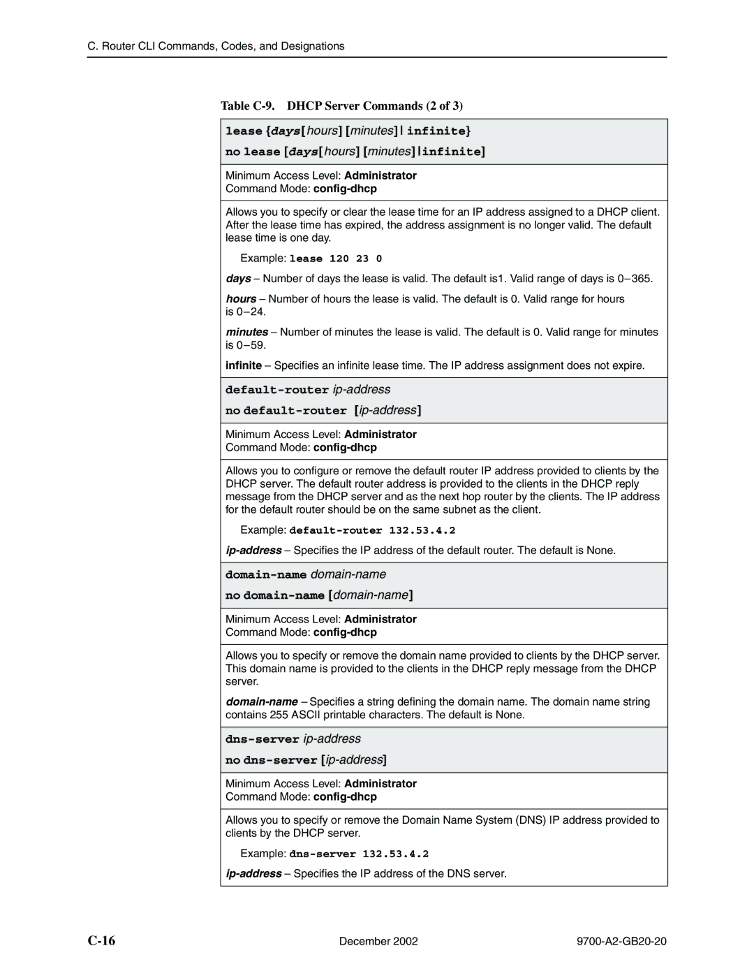 Paradyne 9788, 9720 manual Table C-9. Dhcp Server Commands 2, Default-router ip-address No default-router ip-address 