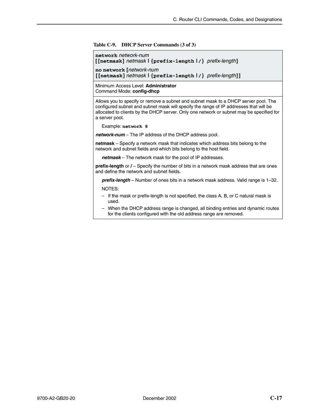 Paradyne 9720, 9788 manual Table C-9. Dhcp Server Commands 3, Network network-num 