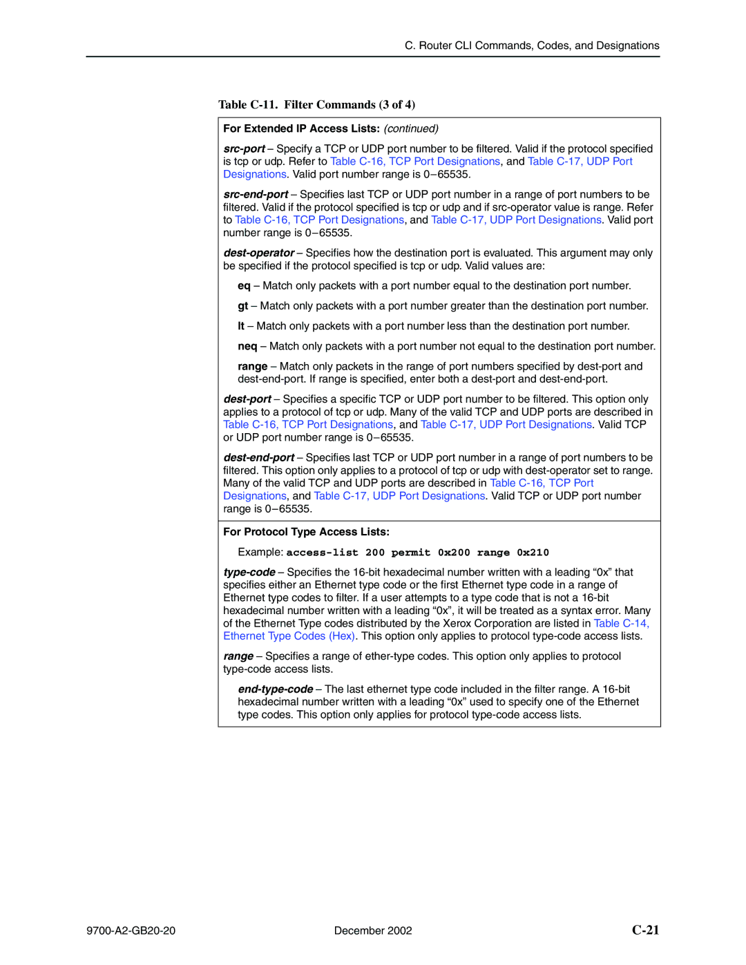 Paradyne 9720, 9788 manual Table C-11. Filter Commands 3, For Protocol Type Access Lists 