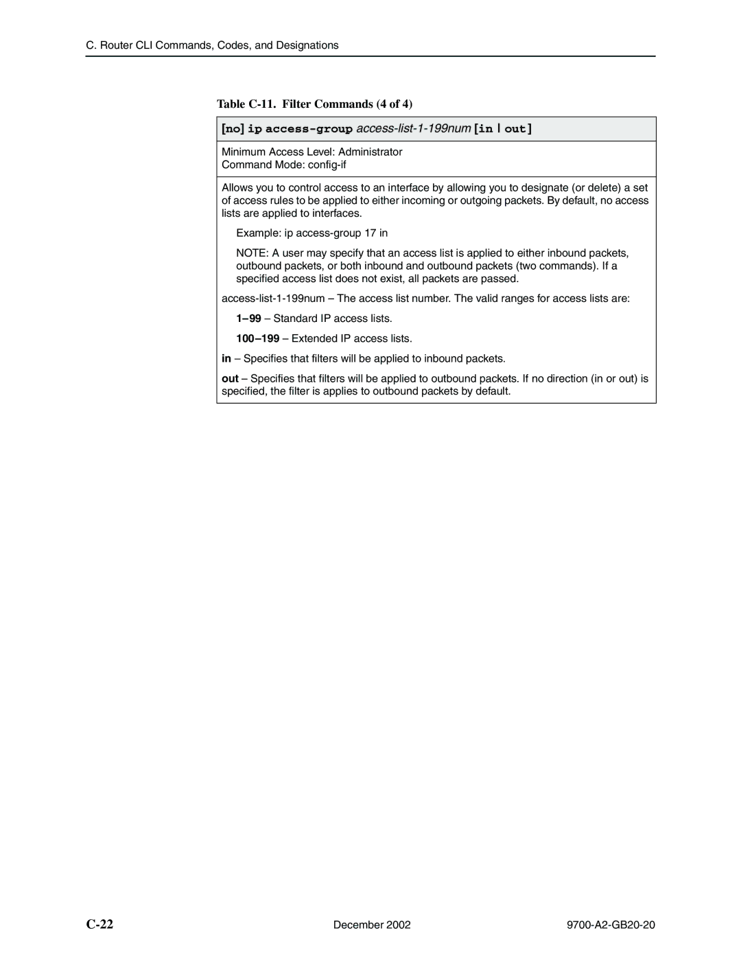 Paradyne 9788, 9720 manual Table C-11. Filter Commands 4, No ip access-group access-list-1-199numin out 