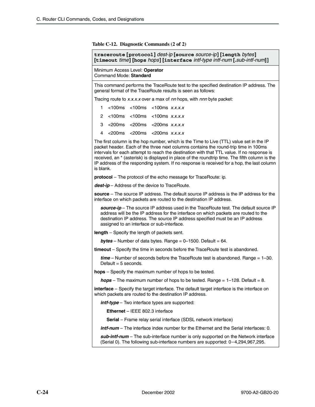 Paradyne 9788, 9720 manual Table C-12. Diagnostic Commands 2, Traceroute protocol dest-ipsource source-ip length bytes 