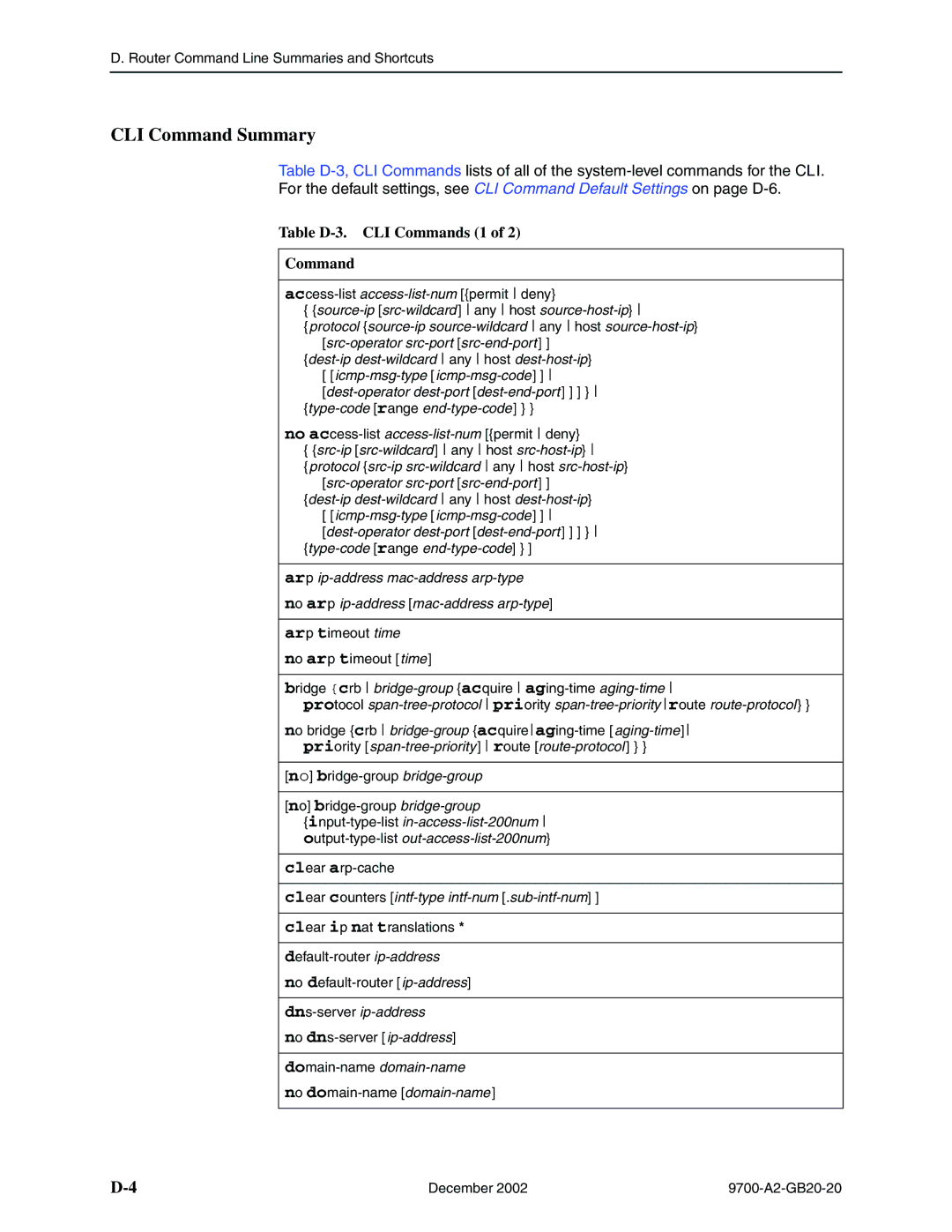 Paradyne 9788, 9720 manual CLI Command Summary, Table D-3. CLI Commands 1, Clear counters intf-type intf-num .sub-intf-num 