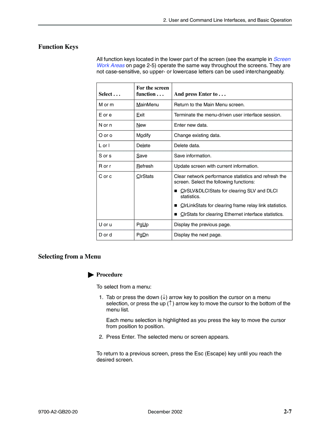 Paradyne 9720, 9788 manual Function Keys, Selecting from a Menu, For the screen Select Function Press Enter to 