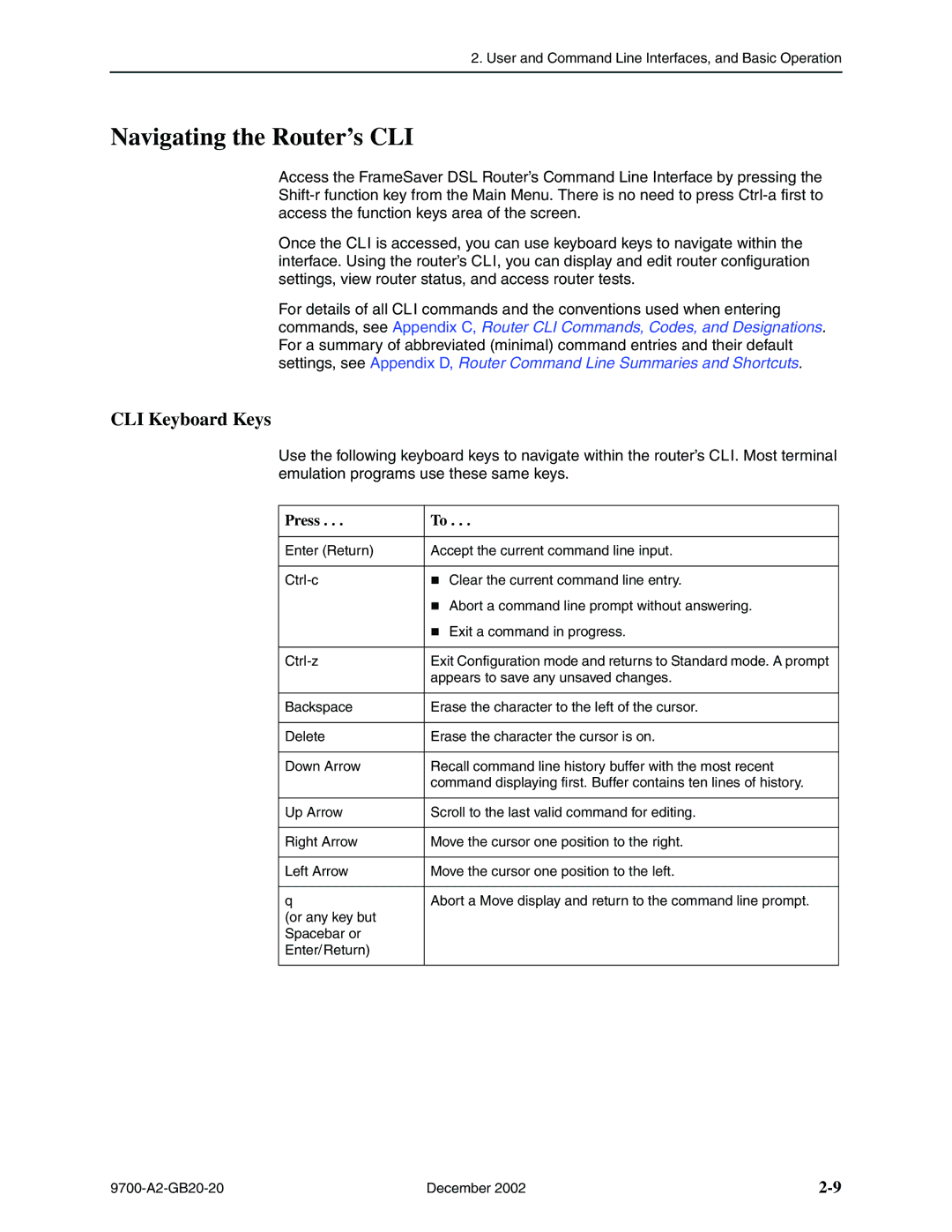 Paradyne 9720, 9788 manual Navigating the Router’s CLI, CLI Keyboard Keys 