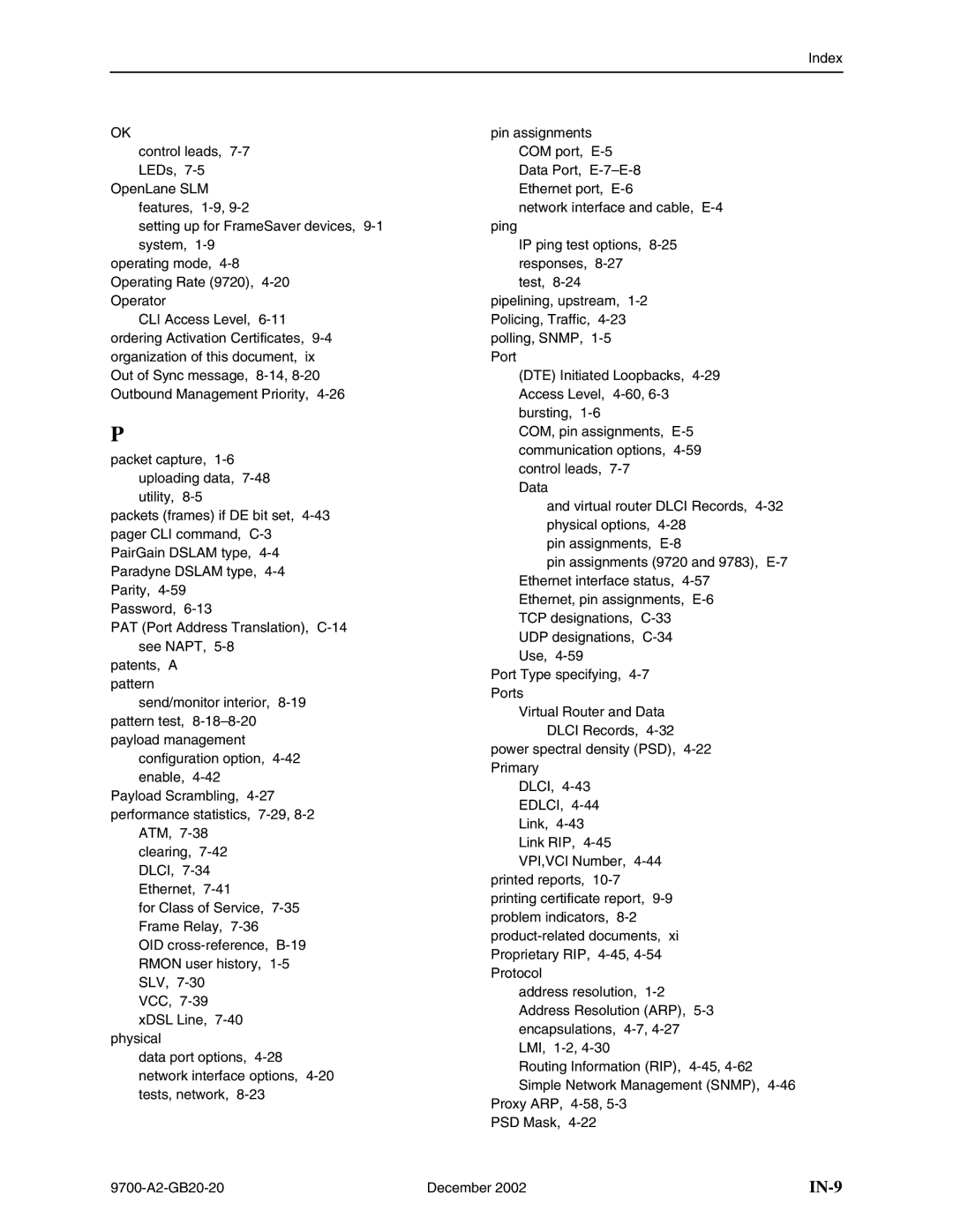 Paradyne 9720, 9788 manual IN-9 