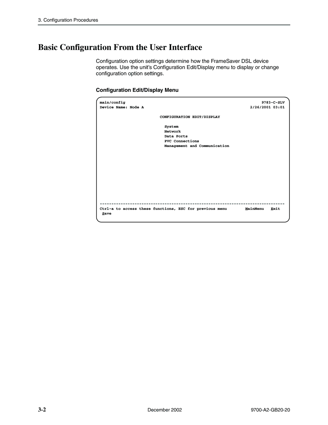 Paradyne 9788, 9720 manual Basic Configuration From the User Interface, Configuration Edit/Display Menu 