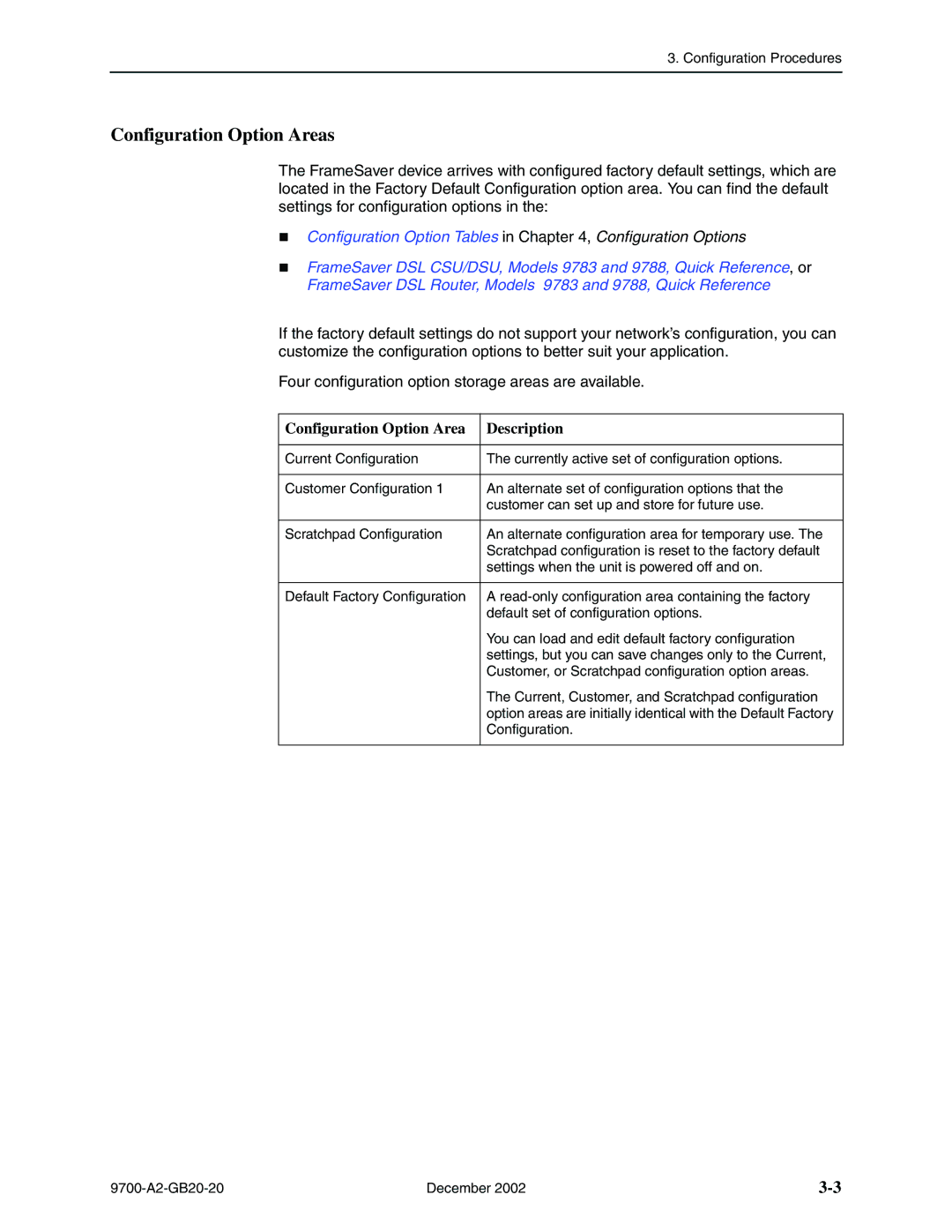 Paradyne 9720, 9788 manual Configuration Option Areas, Configuration Option Area Description 