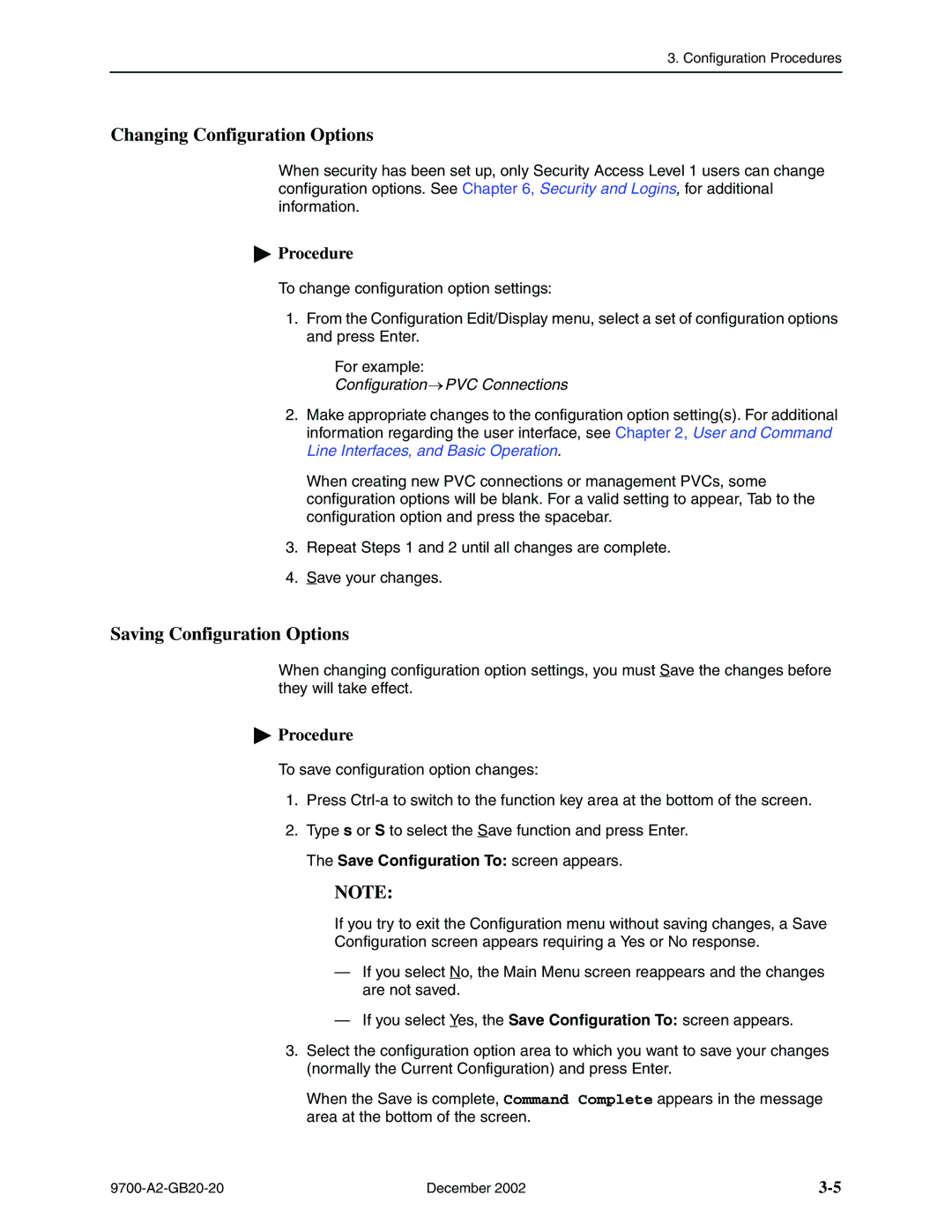 Paradyne 9720, 9788 manual Changing Configuration Options, Saving Configuration Options, Configuration PVC Connections 