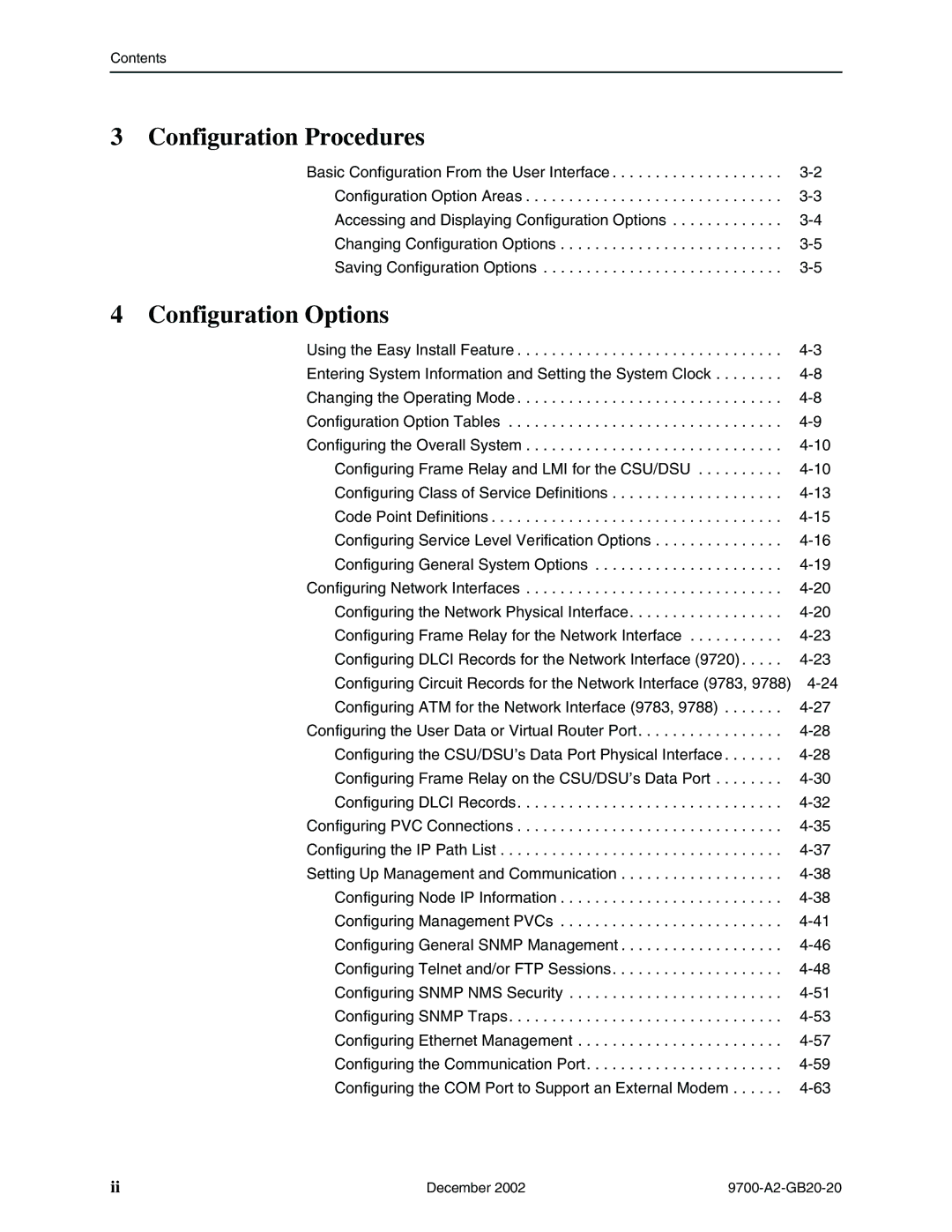 Paradyne 9788, 9720 manual Configuration Procedures, Configuration Options 