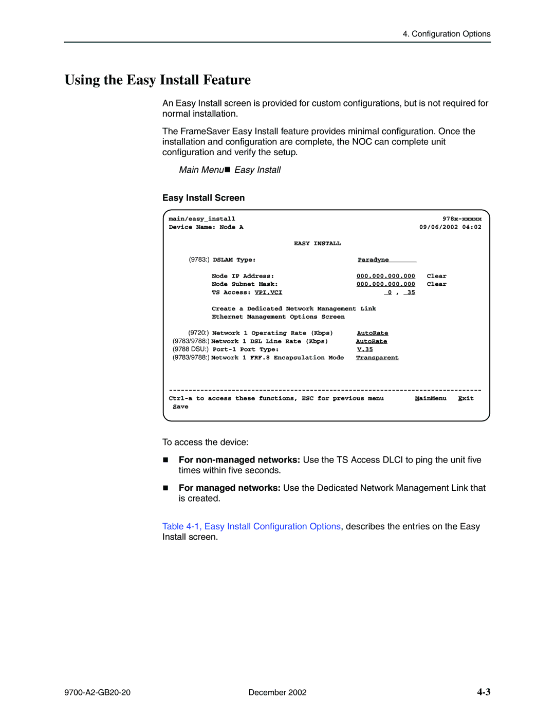 Paradyne 9720, 9788 manual Using the Easy Install Feature, Main Menu Easy Install, Easy Install Screen 