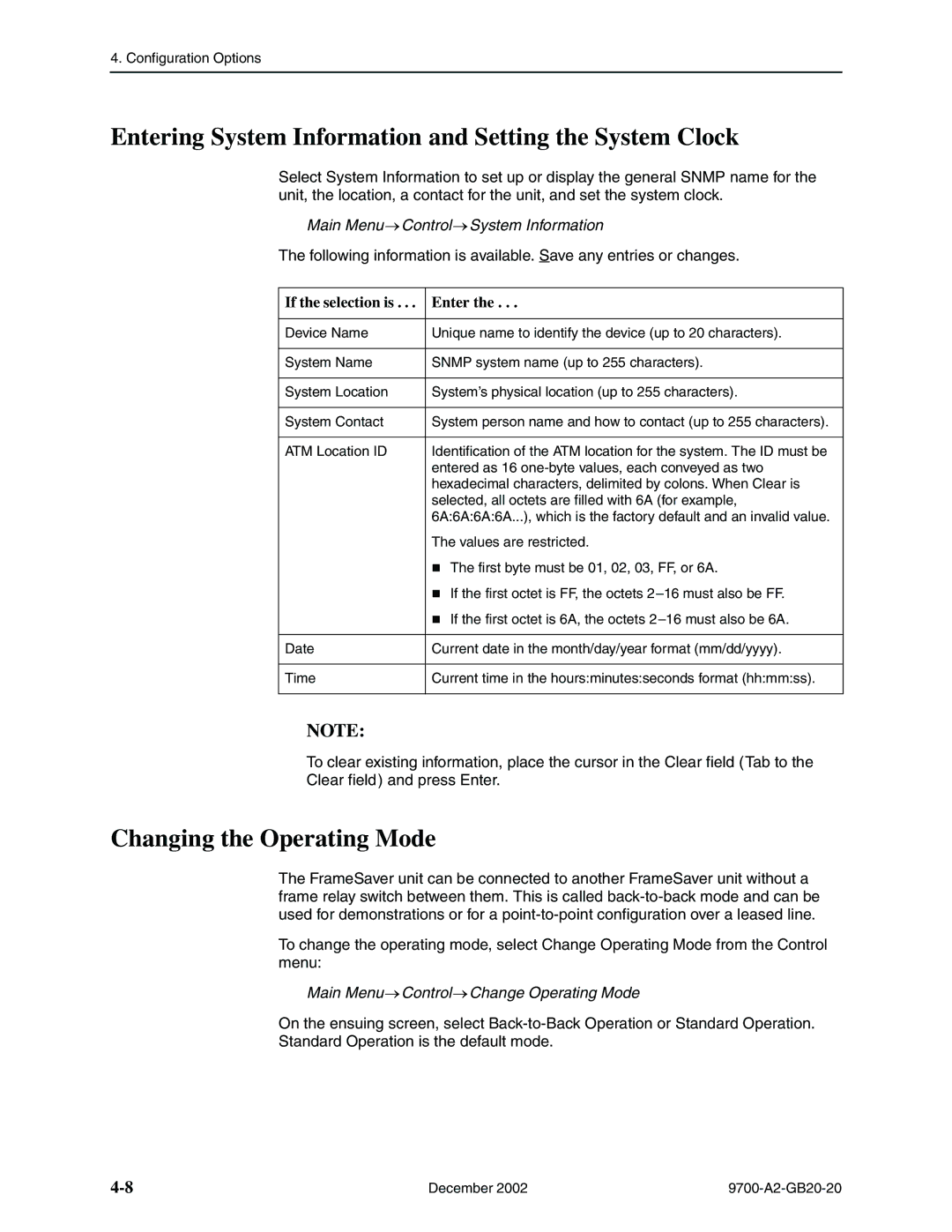 Paradyne 9788, 9720 manual Entering System Information and Setting the System Clock, Changing the Operating Mode 